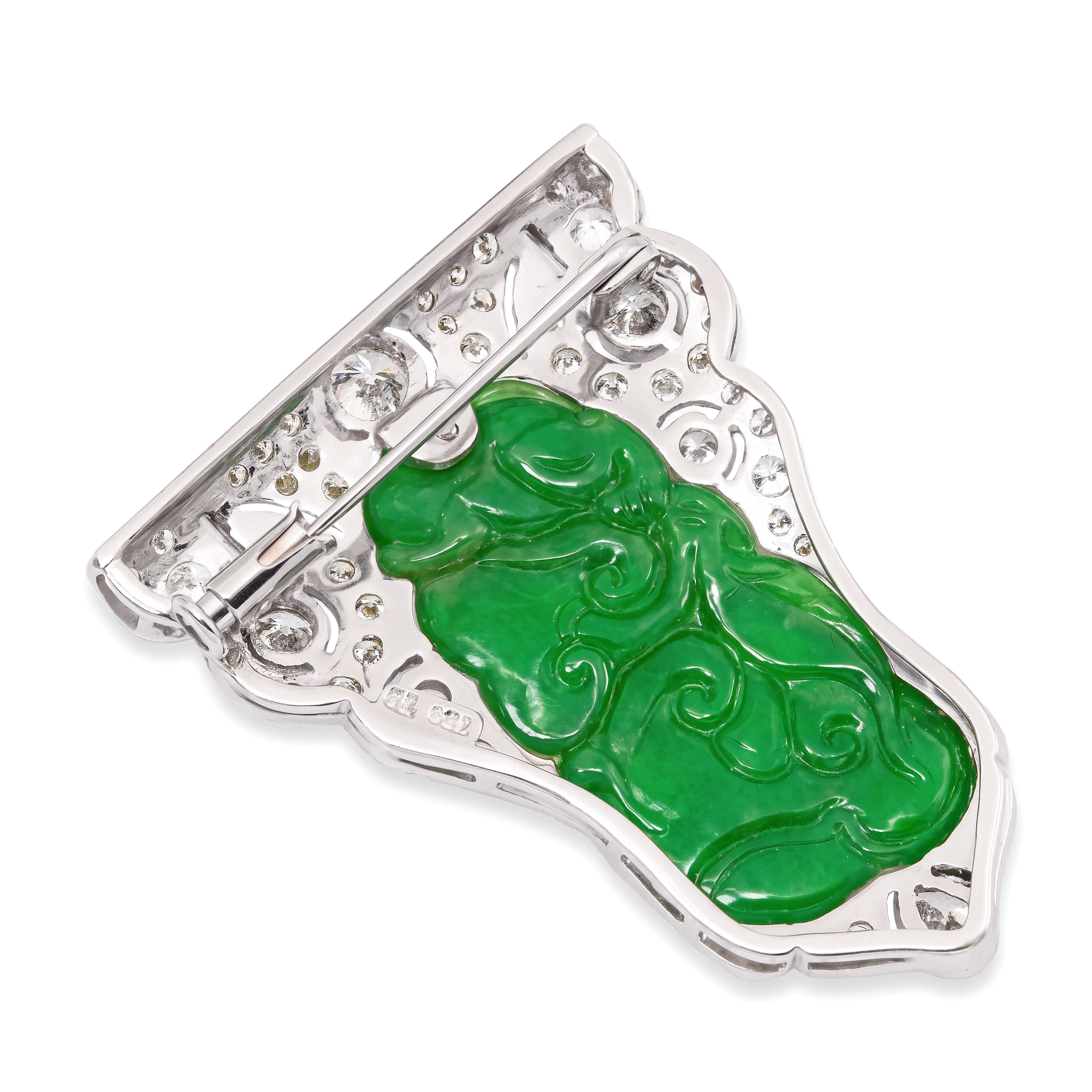 Vintage 18k White Gold Jadeite and Diamond Carved Monkey Brooch GIA Cert