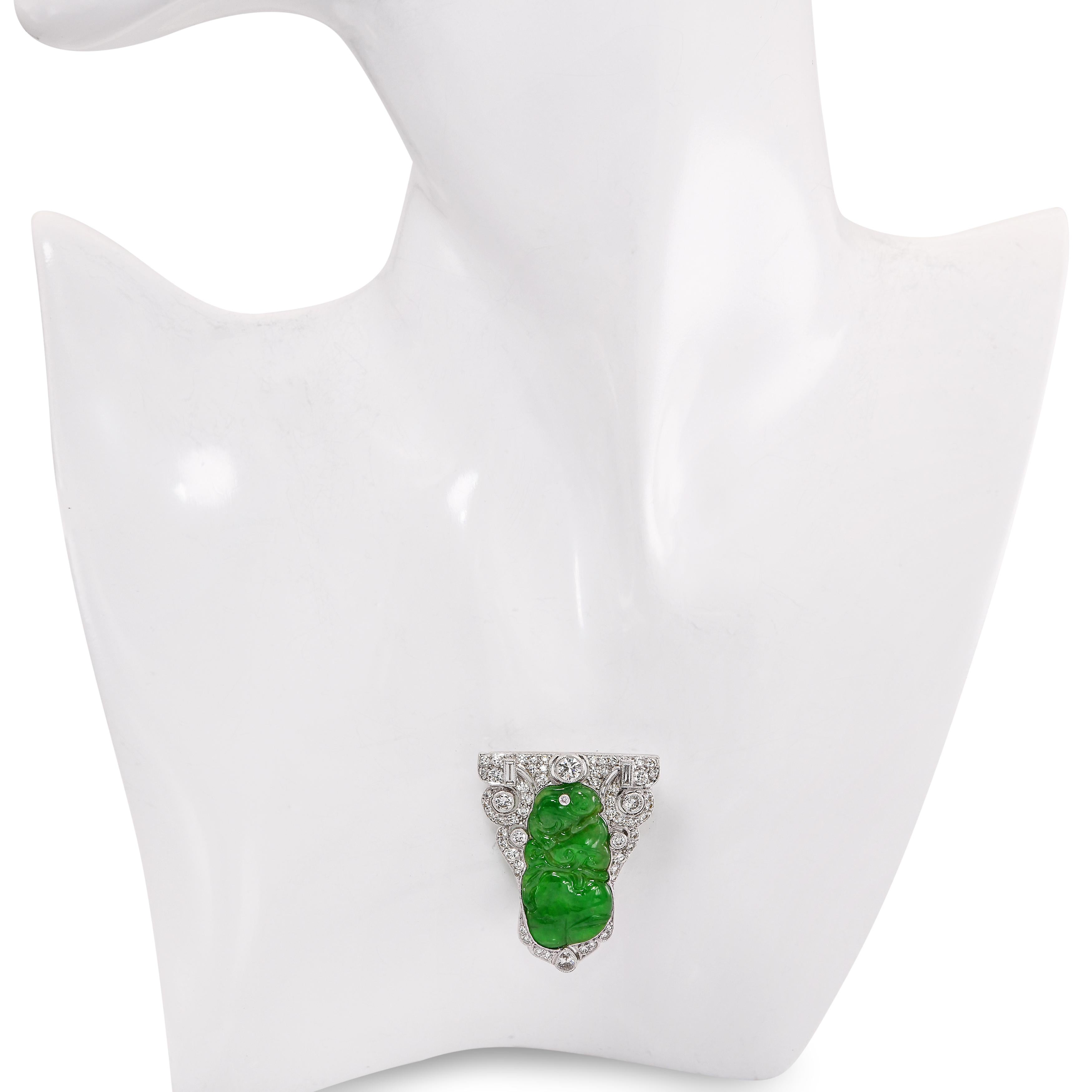 Vintage 18k White Gold Jadeite and Diamond Carved Monkey Brooch GIA Cert