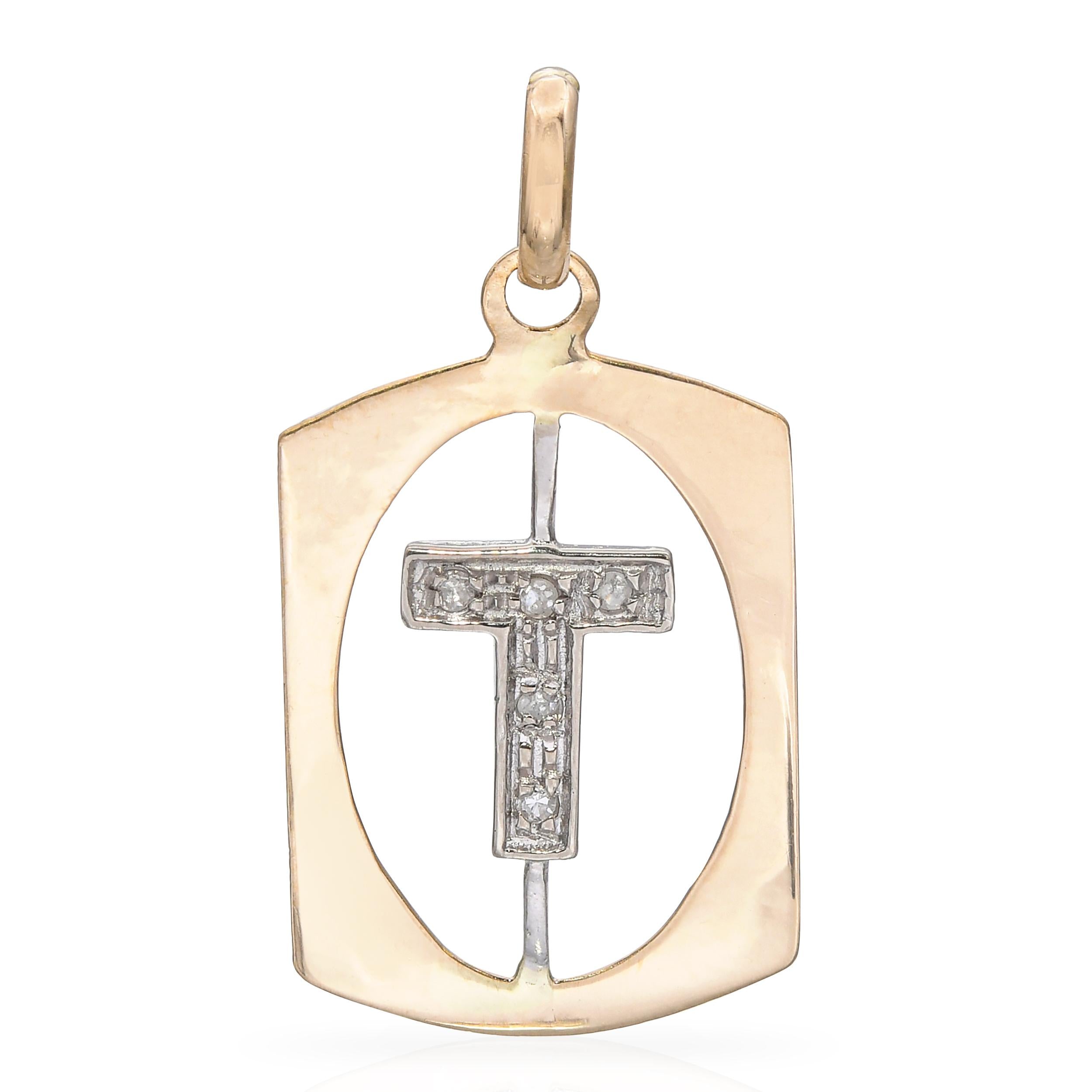 Vintage 14k Yellow Gold T Initial Diamond Pendant