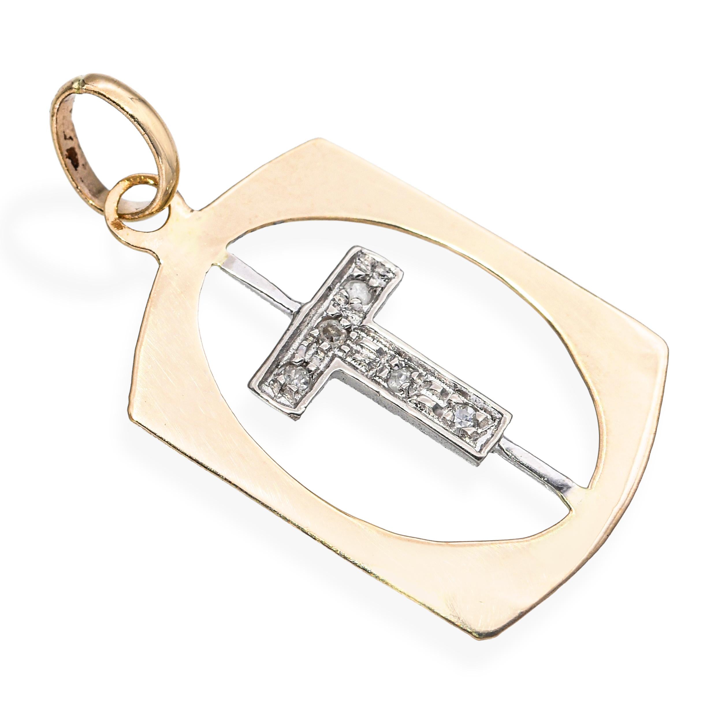 Vintage 14k Yellow Gold T Initial Diamond Pendant