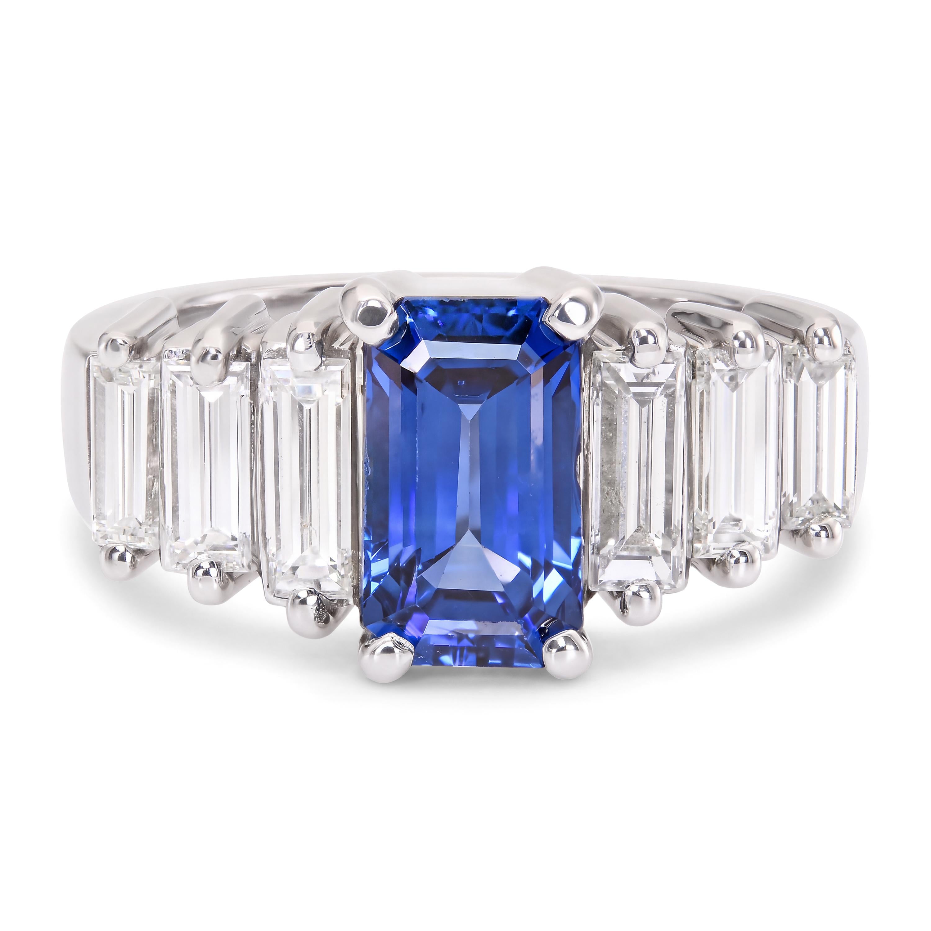 Vintage Platinum Sapphire and Diamond Side Stone Ring GIA Cert