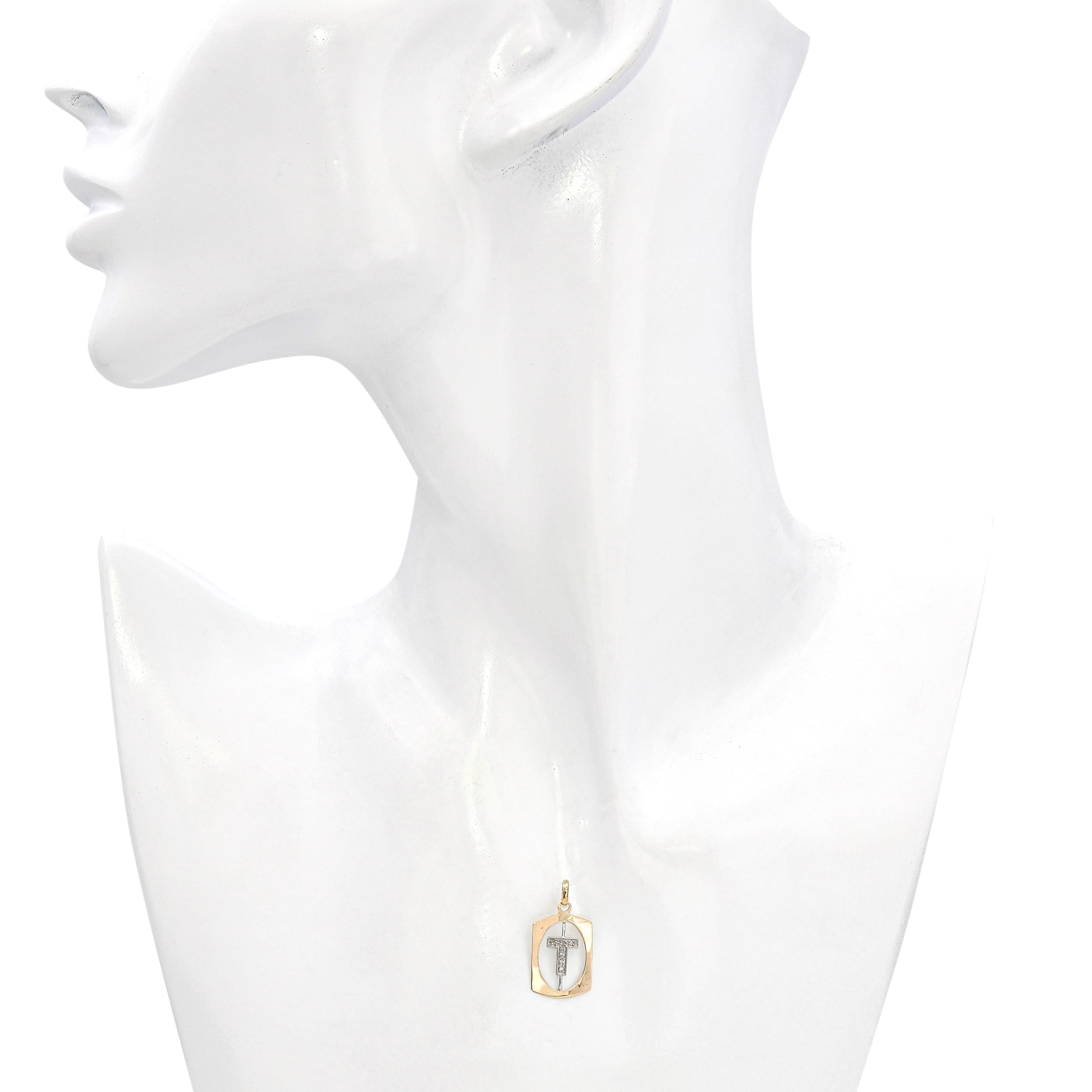 Vintage 14k Yellow Gold T Initial Diamond Pendant