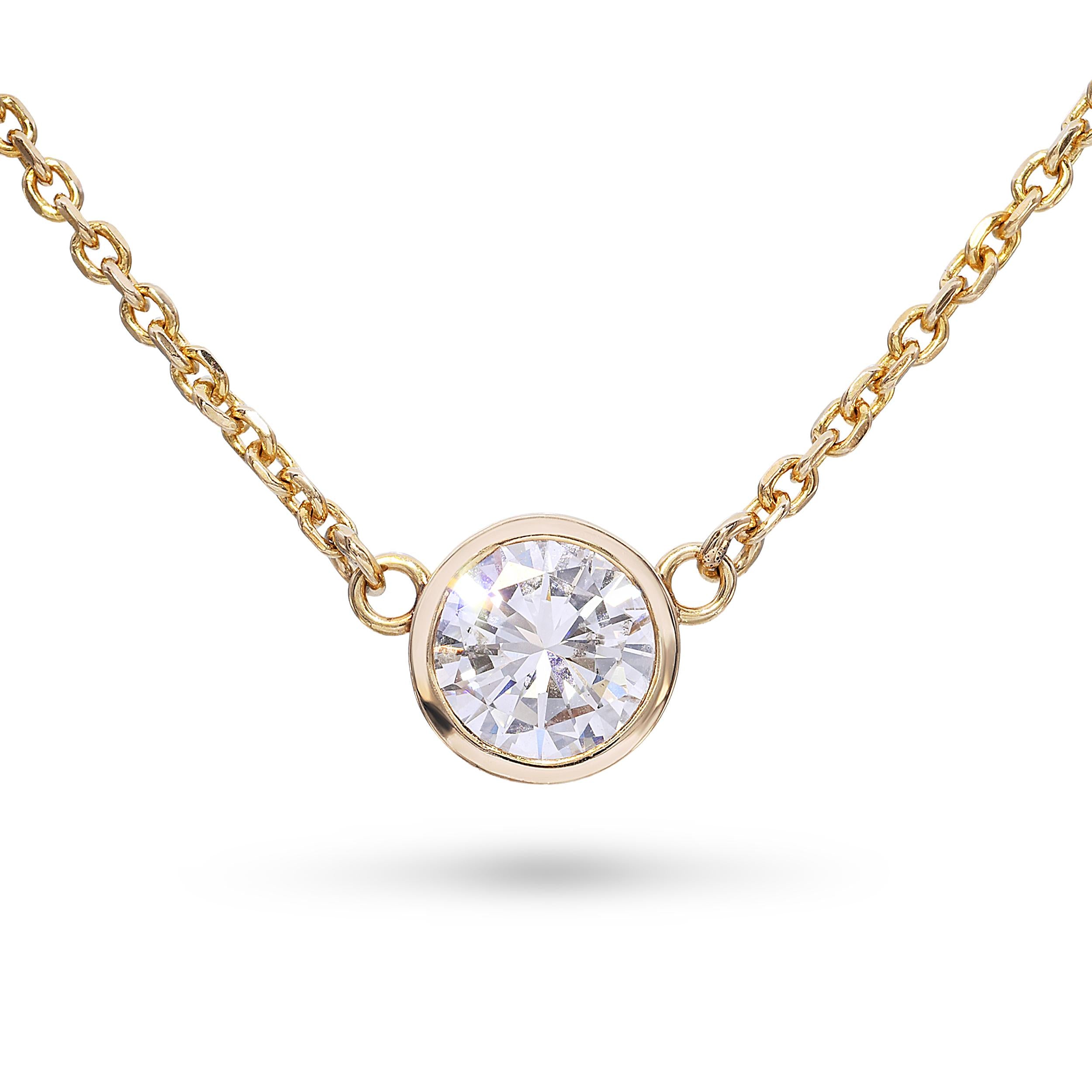 14k Yellow Gold Solitaire 1.05ct Diamond Bezel Pendant Necklace