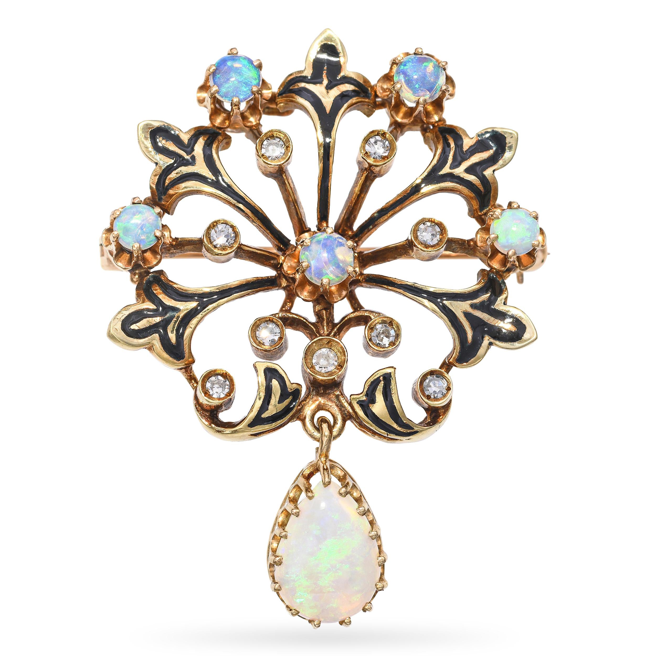 Vintage 13k Yellow Gold Opal Diamond and Enamel Ornate Brooch