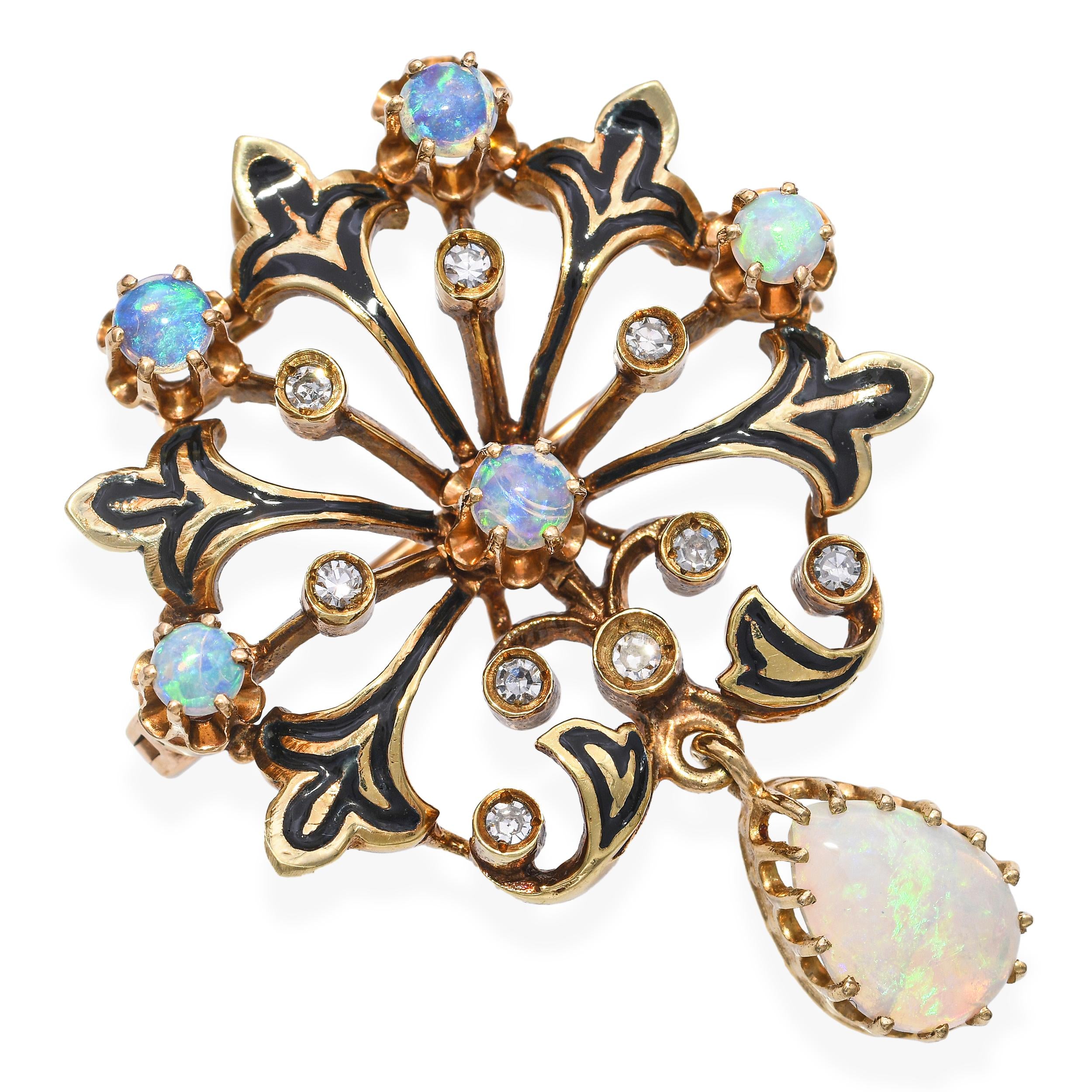 Vintage 13k Yellow Gold Opal Diamond and Enamel Ornate Brooch