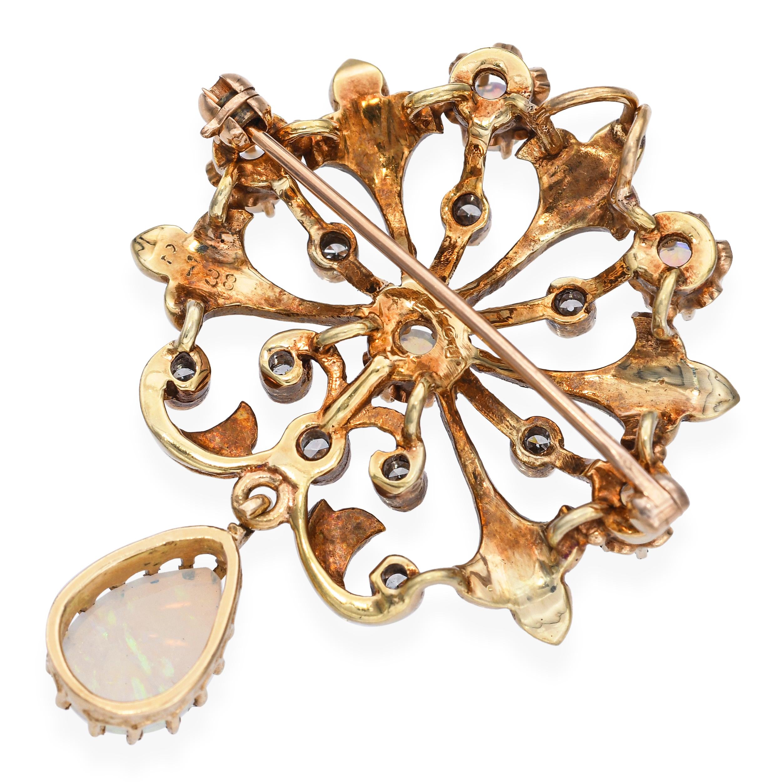 Vintage 13k Yellow Gold Opal Diamond and Enamel Ornate Brooch
