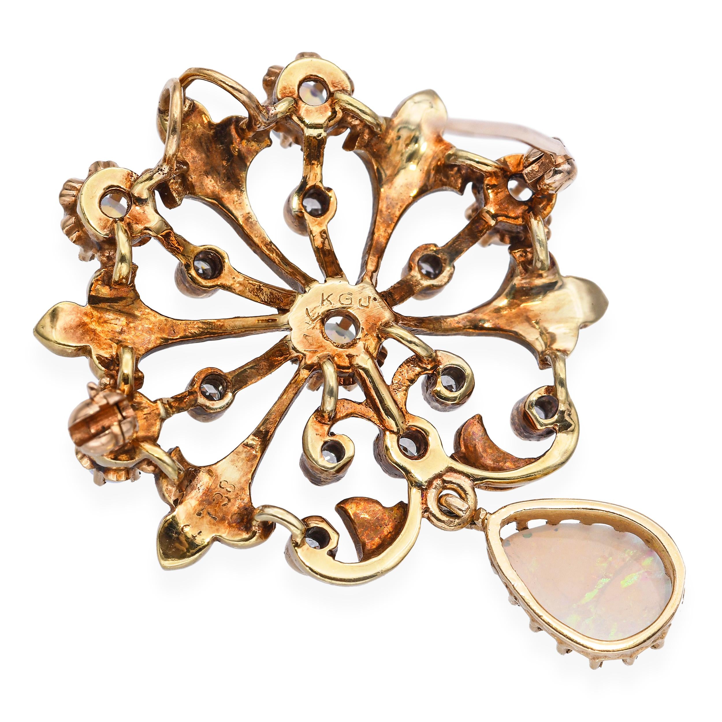 Vintage 13k Yellow Gold Opal Diamond and Enamel Ornate Brooch