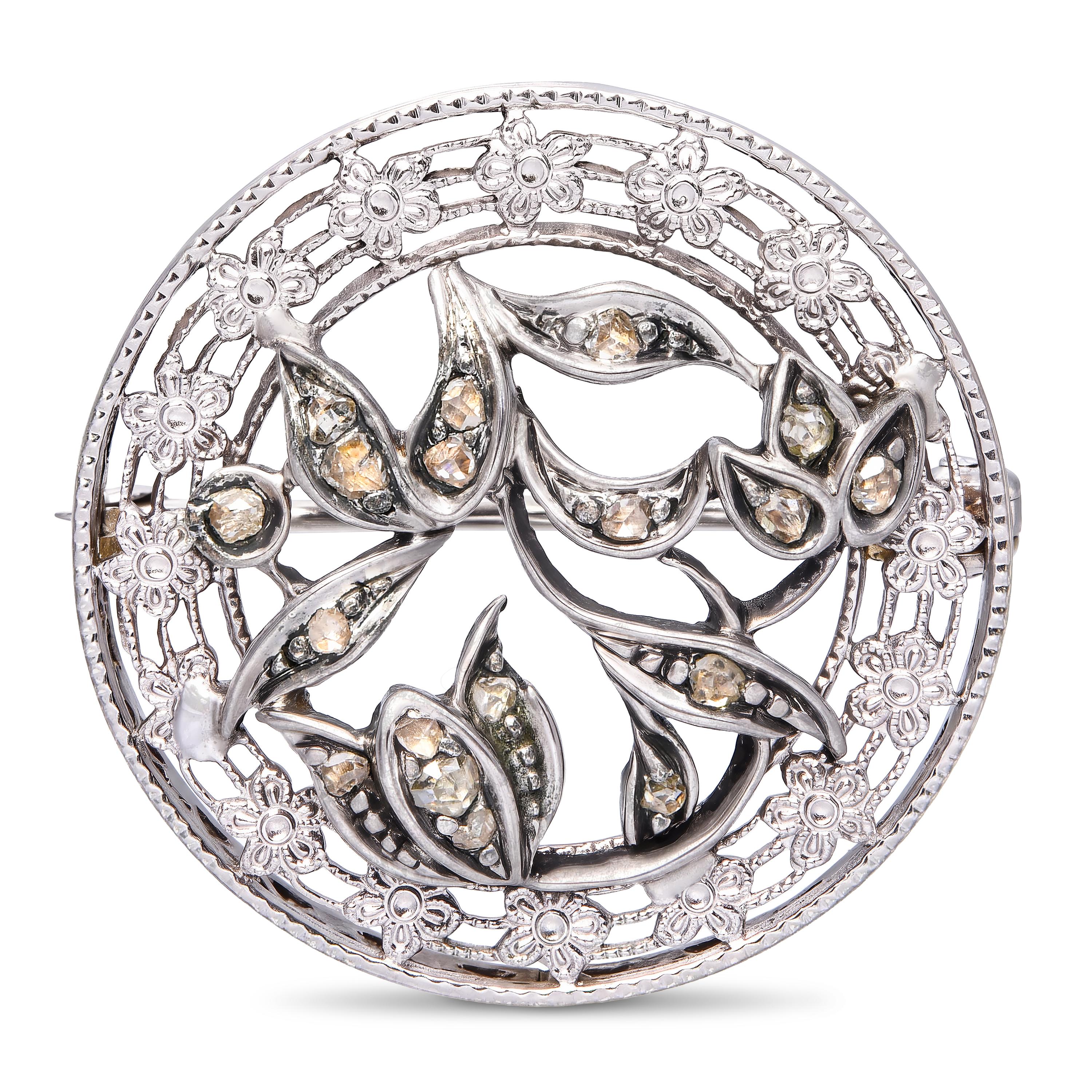 Antique 14k White Gold and Silver Rose Cut Diamond Floral Brooch Pin