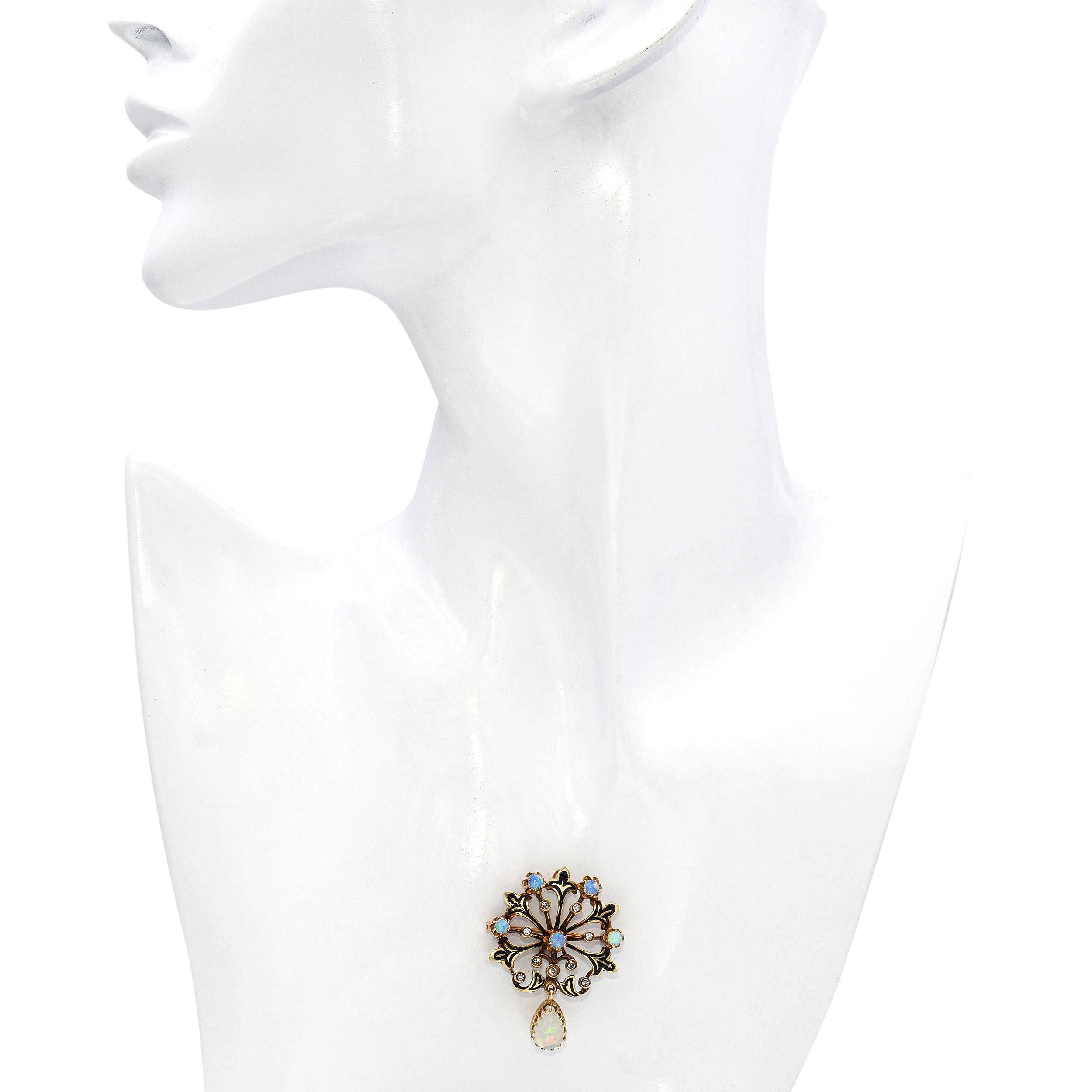 Vintage 13k Yellow Gold Opal Diamond and Enamel Ornate Brooch