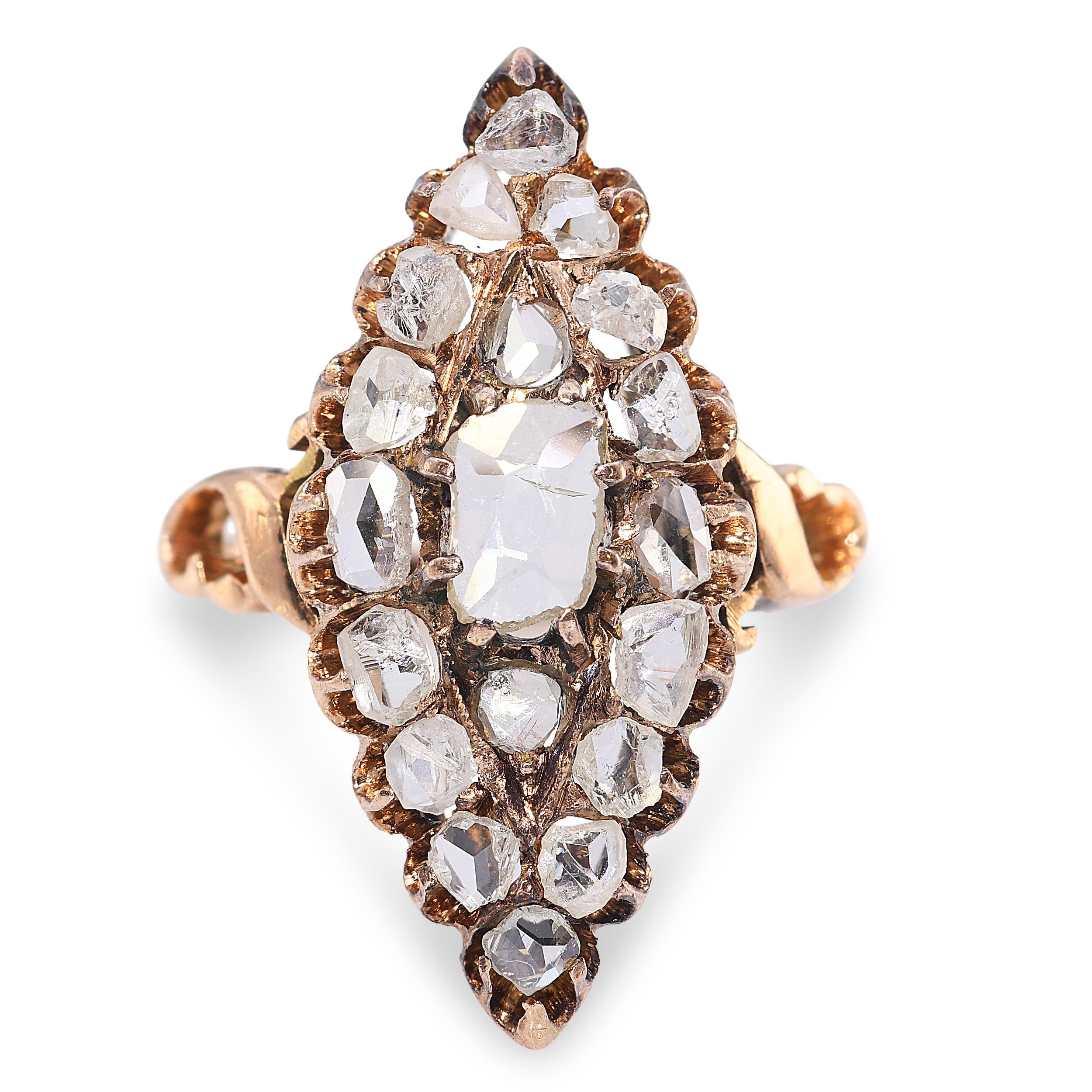 Antique Victorian Rose Gold 1.05tcw Elongated Rose Cut Diamond Navette Ring