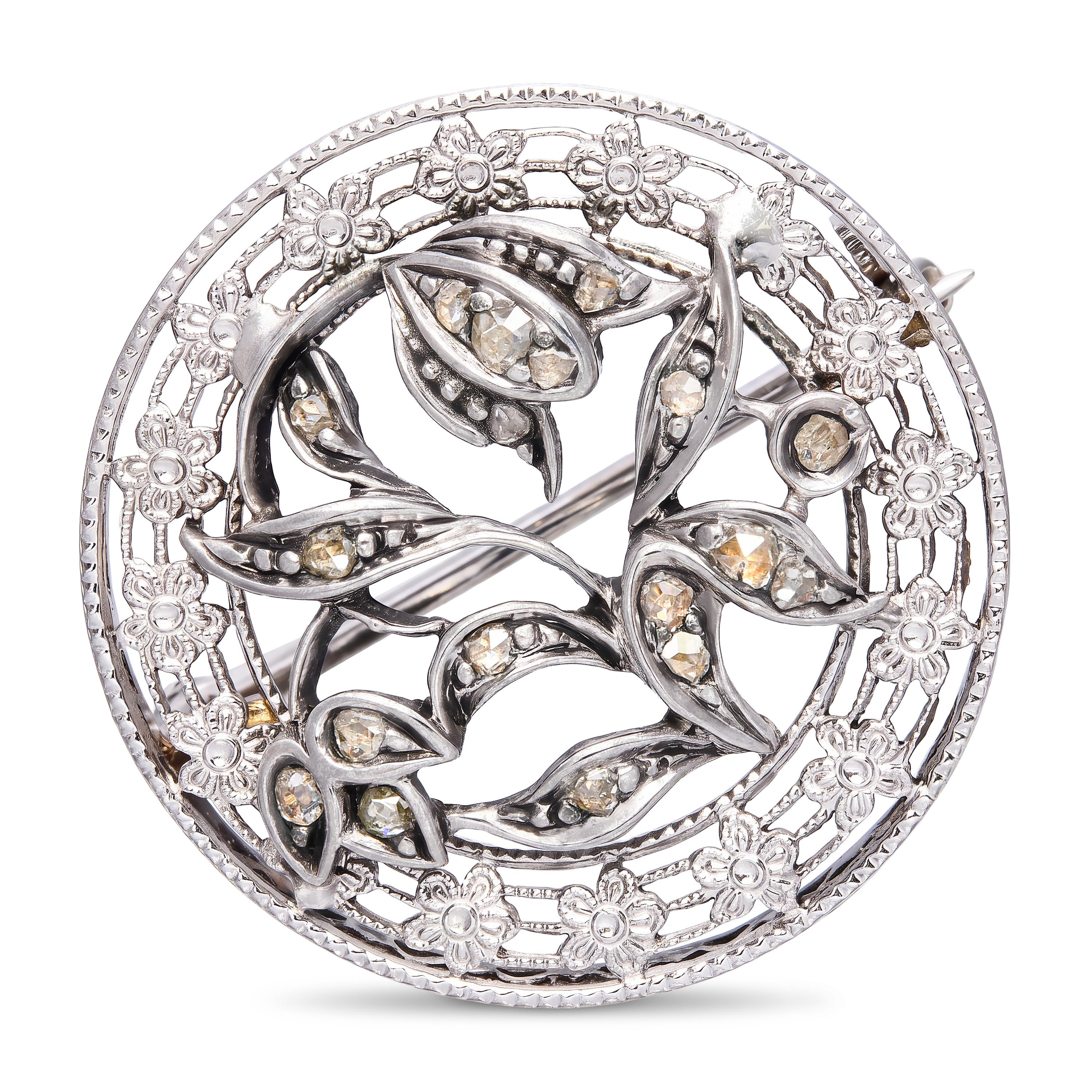 Antique 14k White Gold and Silver Rose Cut Diamond Floral Brooch Pin