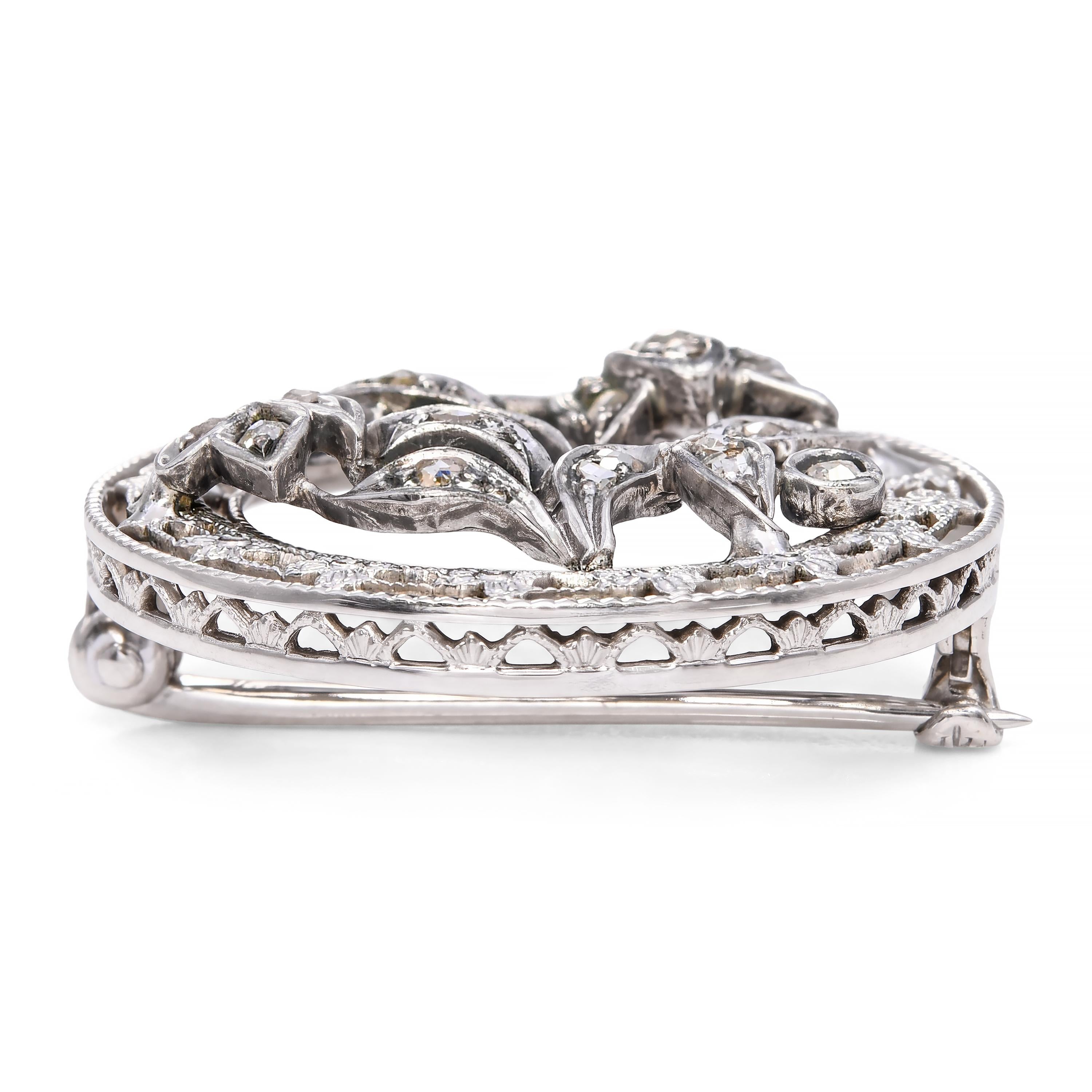 Antique 14k White Gold and Silver Rose Cut Diamond Floral Brooch Pin