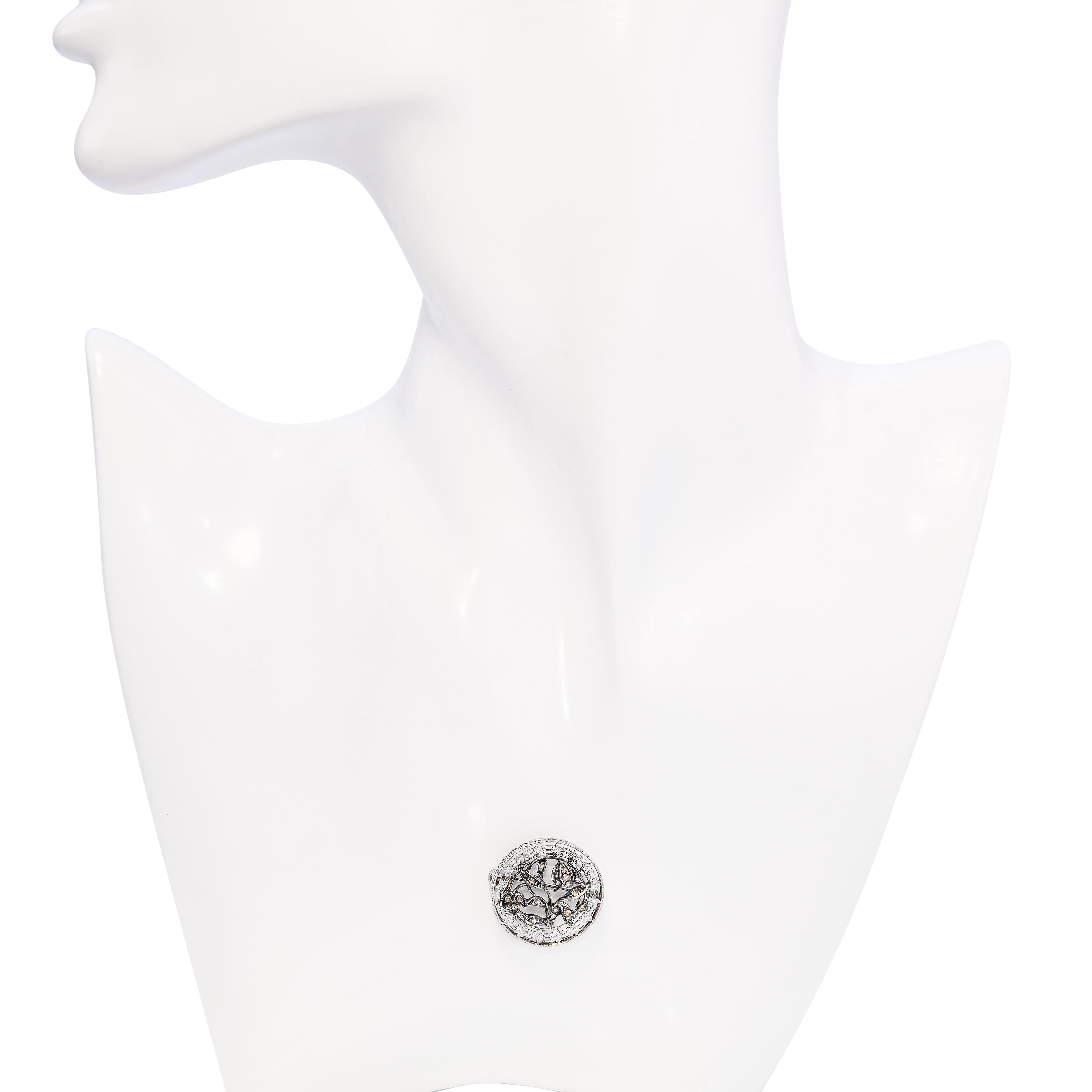 Antique 14k White Gold and Silver Rose Cut Diamond Floral Brooch Pin