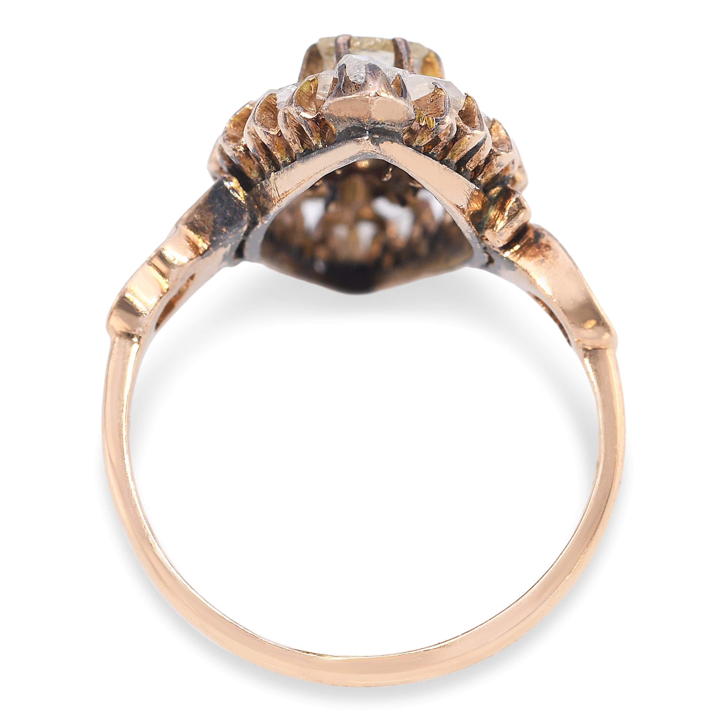 Antique Victorian Rose Gold 1.05tcw Elongated Rose Cut Diamond Navette Ring