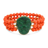 Vintage 18k Yellow Gold Coral and Malachite Mask Beaded Bracelet