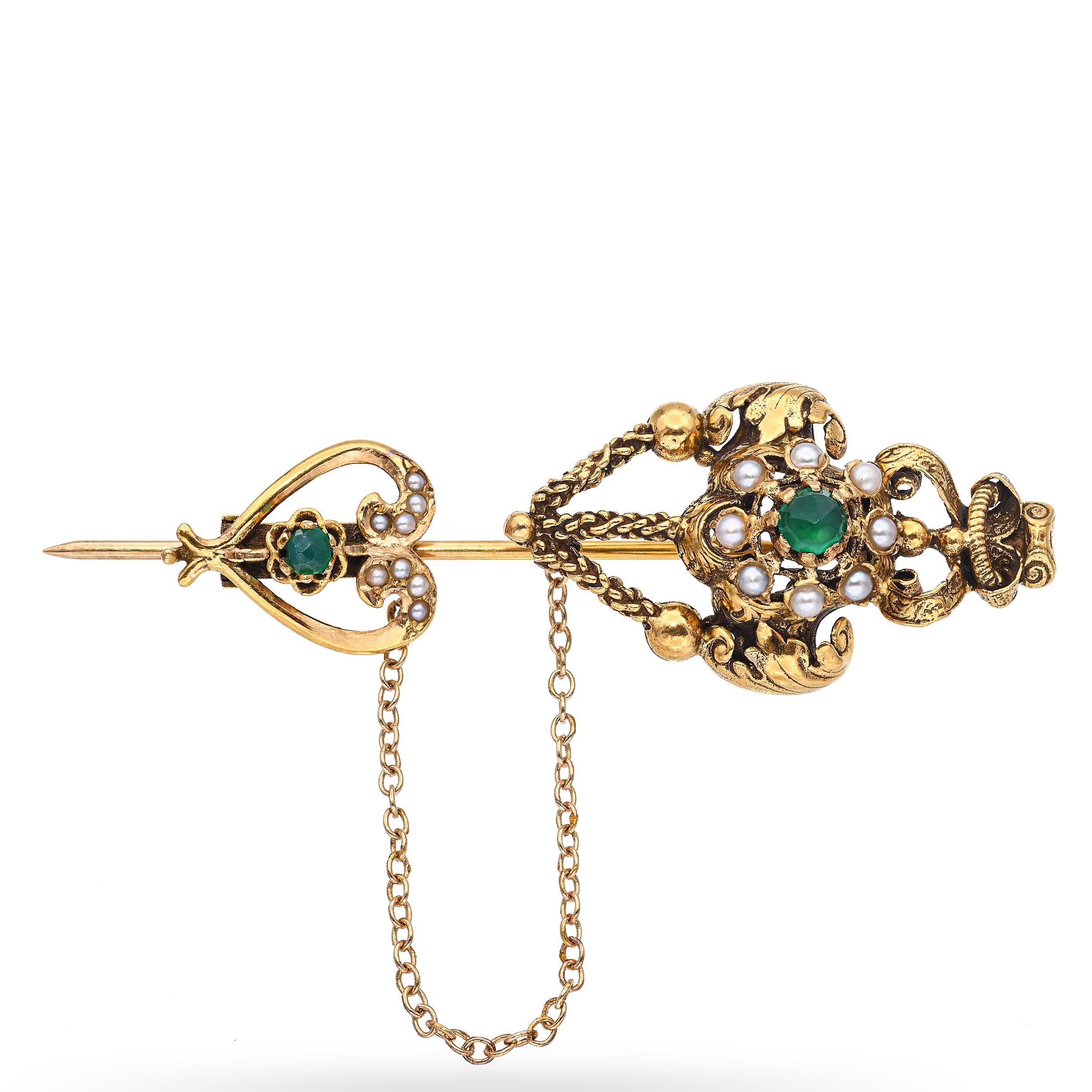 Antique 14k Yellow Gold Seed Pearl and Paste Ornate Stick Pin