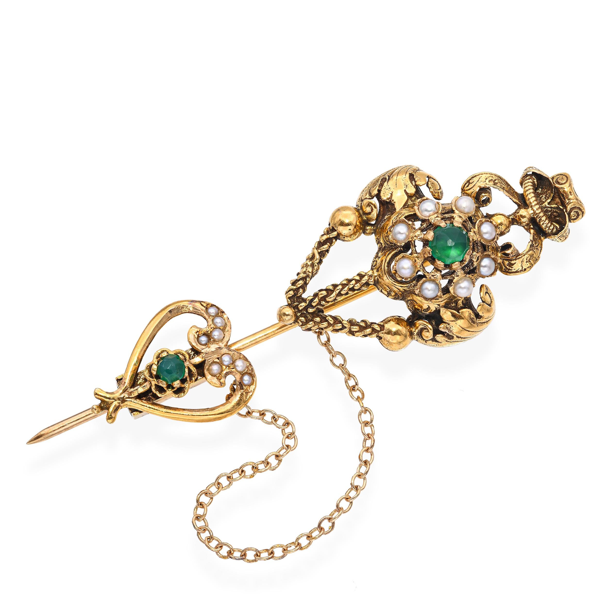 Antique 14k Yellow Gold Seed Pearl and Paste Ornate Stick Pin