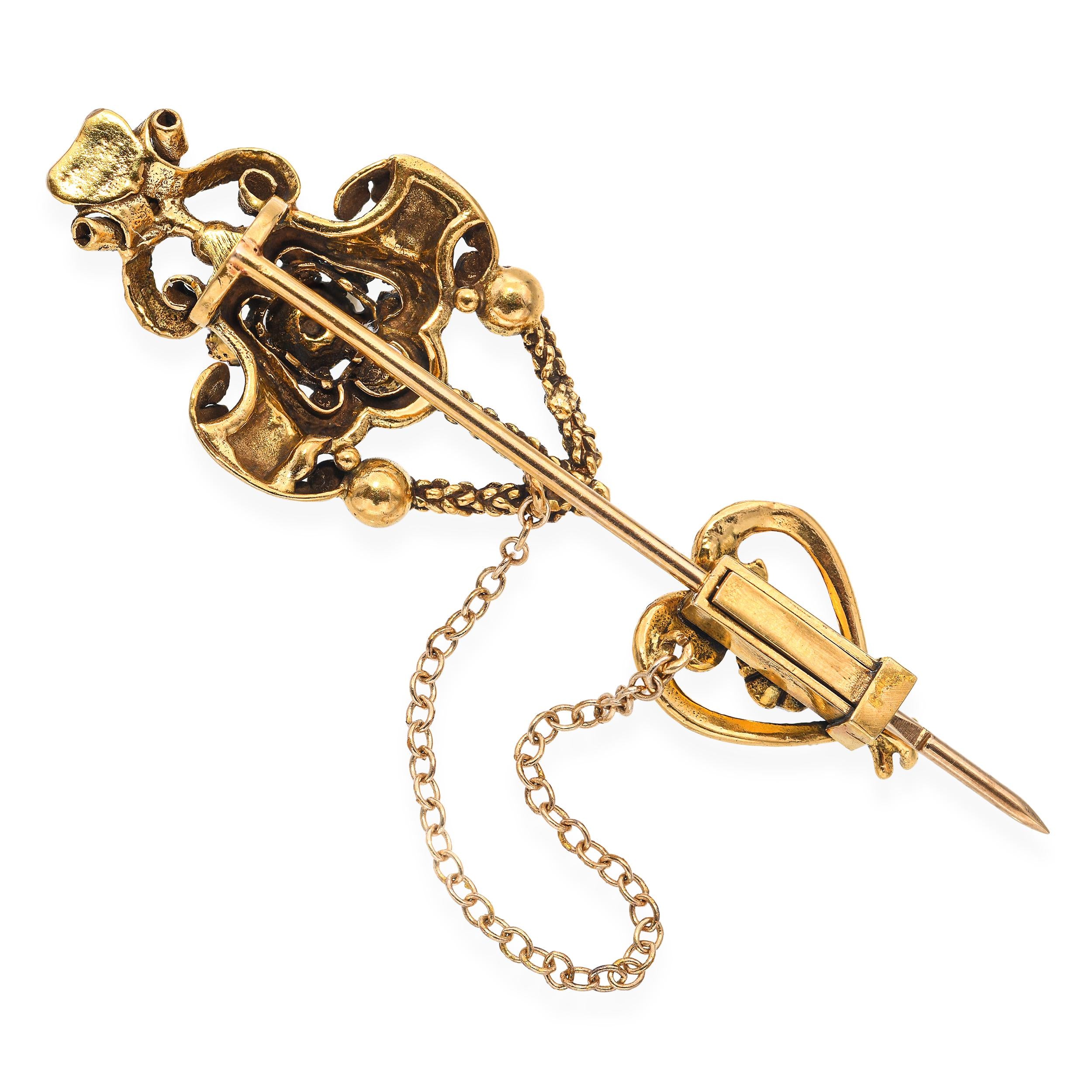 Antique 14k Yellow Gold Seed Pearl and Paste Ornate Stick Pin