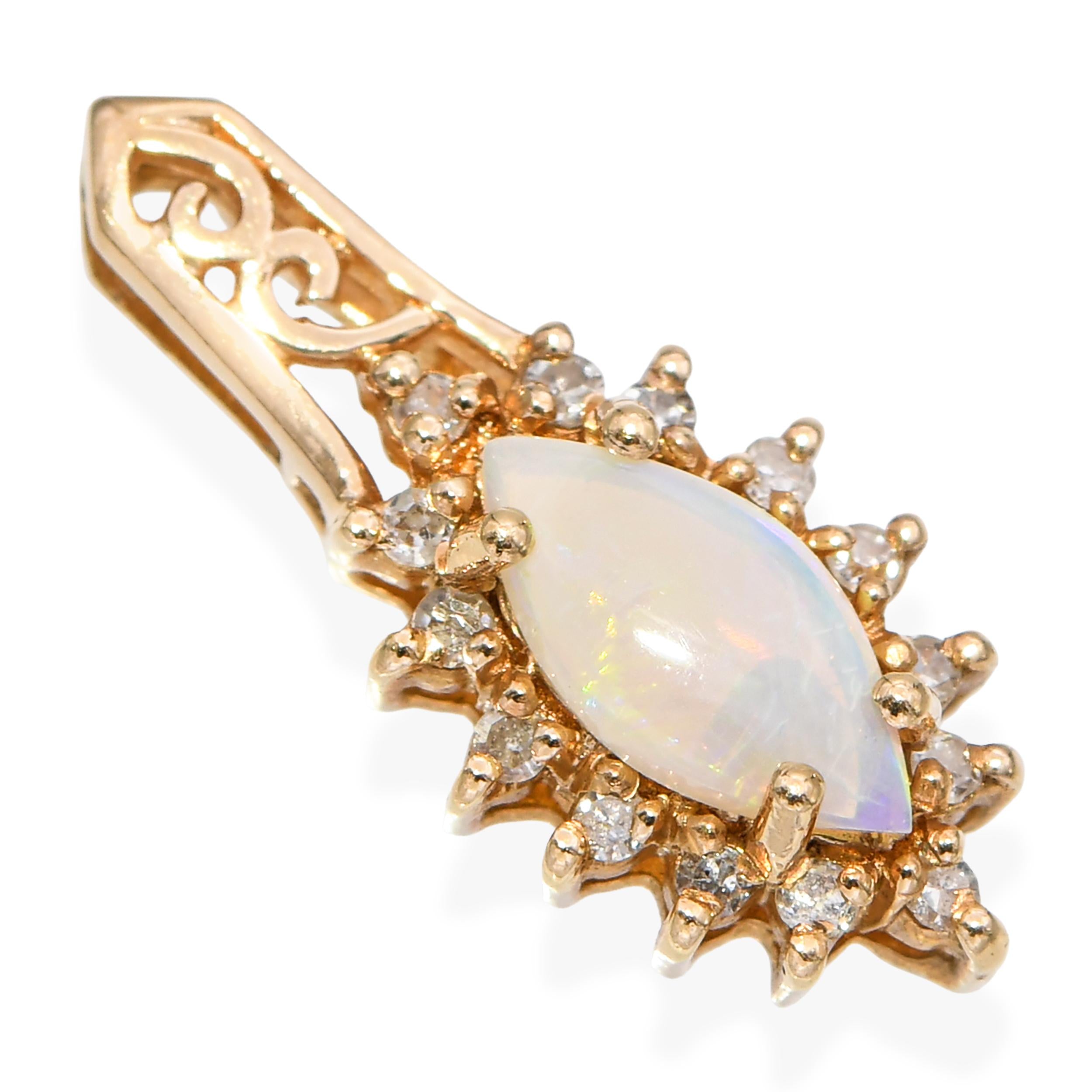 Vintage 14k Yellow Gold Australian Opal and Diamond Pendant