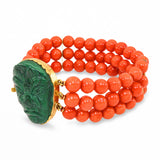 Vintage 18k Yellow Gold Coral and Malachite Mask Beaded Bracelet