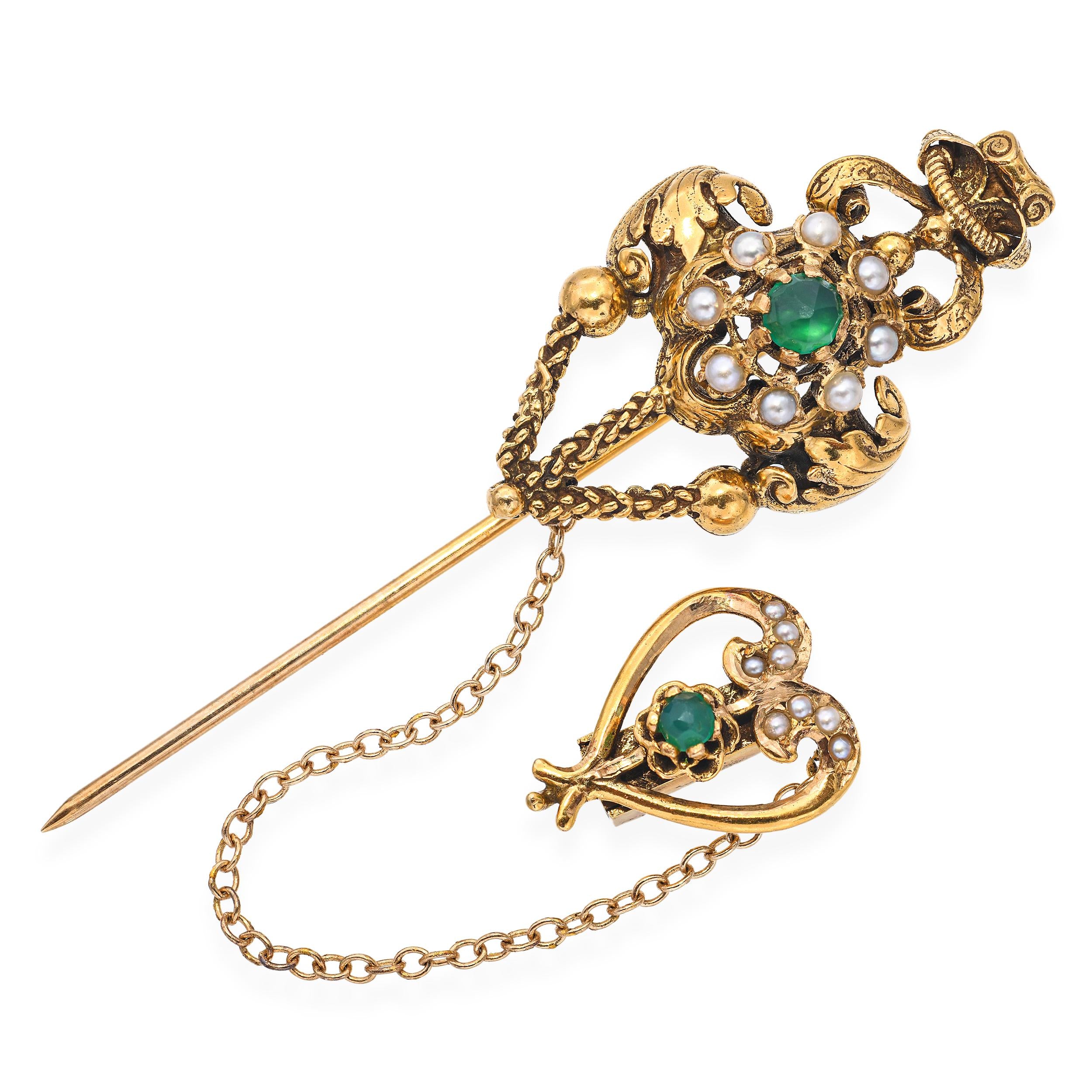 Antique 14k Yellow Gold Seed Pearl and Paste Ornate Stick Pin
