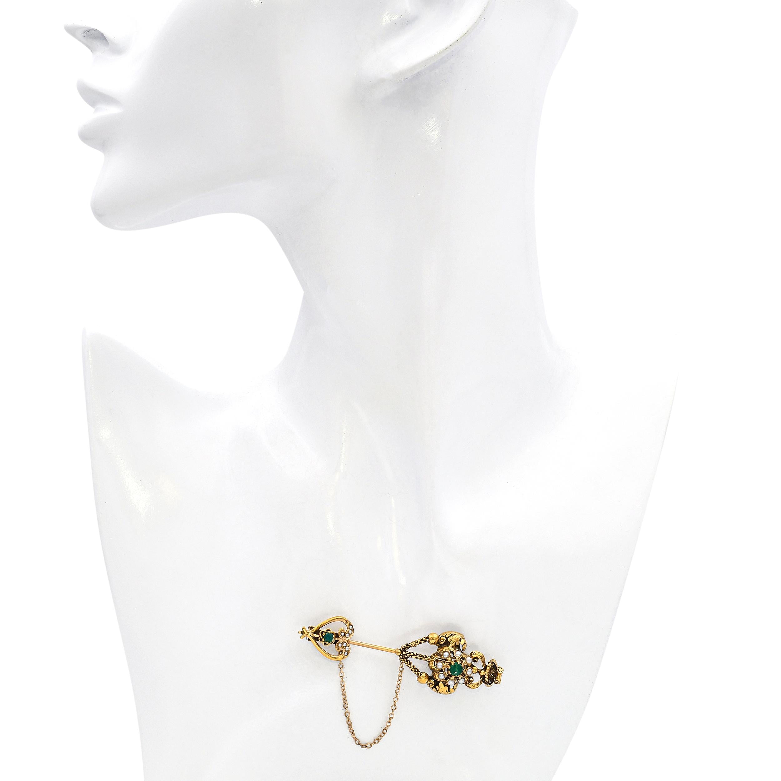 Antique 14k Yellow Gold Seed Pearl and Paste Ornate Stick Pin