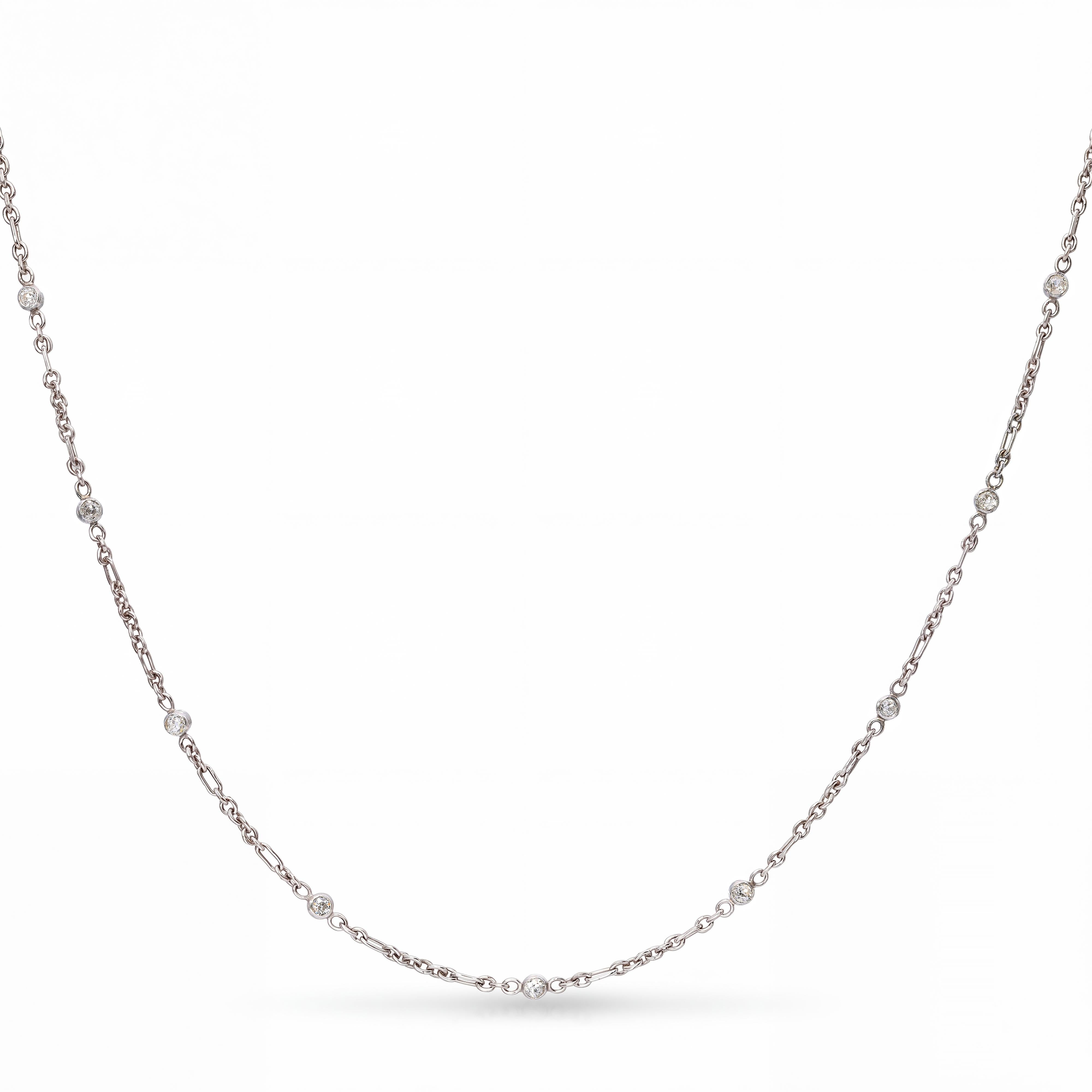 Antique Platinum 1.11ctw Old Mine Cut Diamond By The Yard Chain Necklace