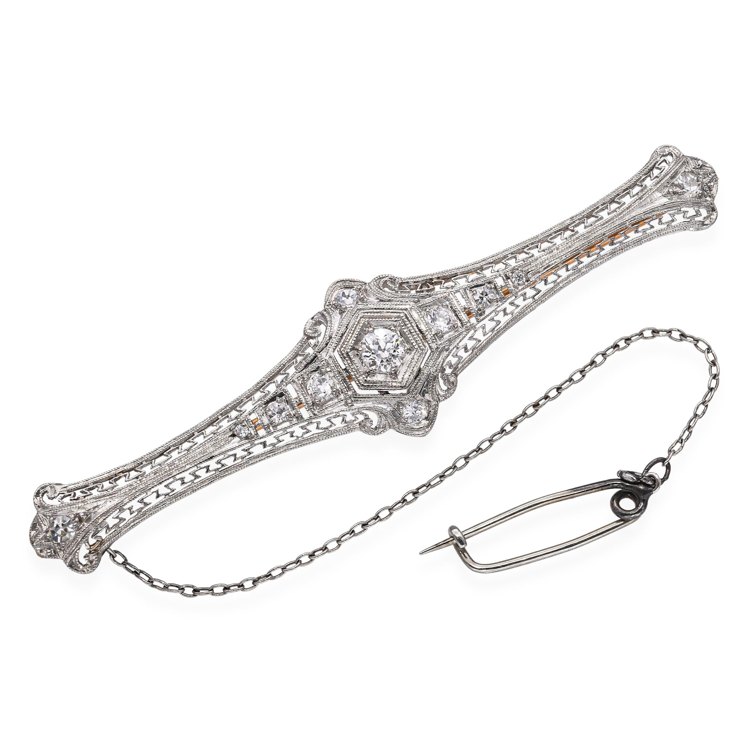 Antique Platinum & 14k Gold 0.36tcw Diamond Filigree Bar Brooch
