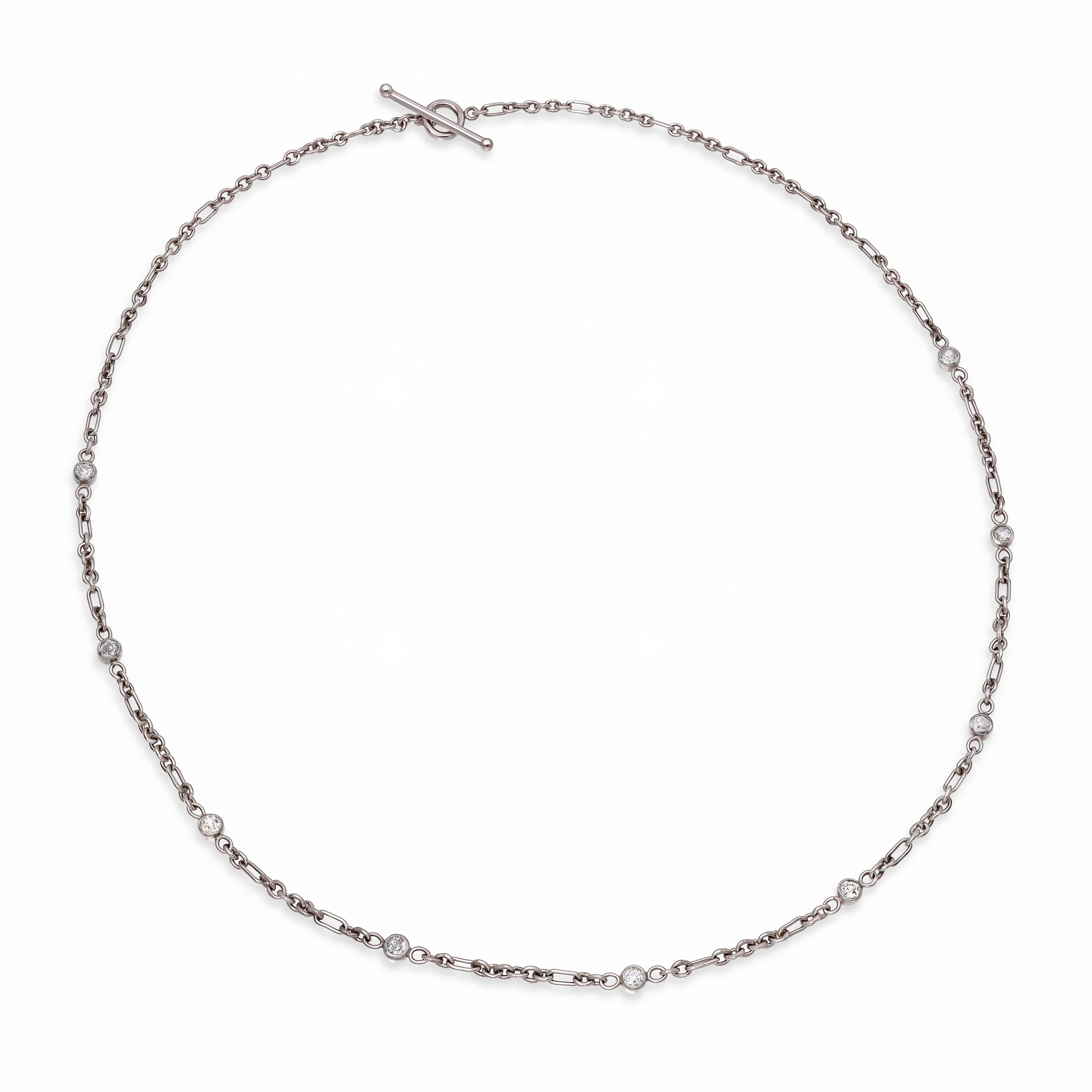 Antique Platinum 1.11ctw Old Mine Cut Diamond By The Yard Chain Necklace