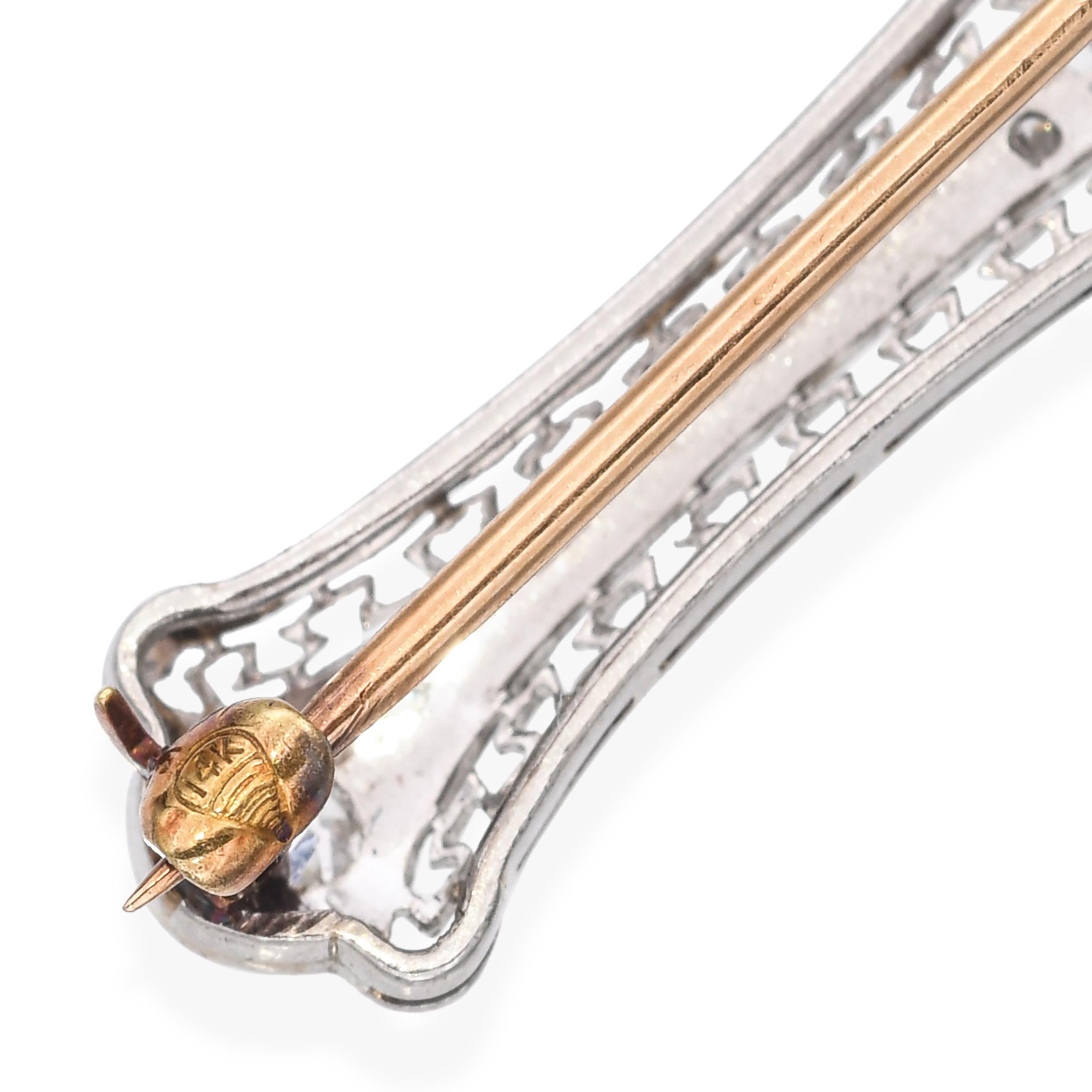 Antique Platinum & 14k Gold 0.36tcw Diamond Filigree Bar Brooch