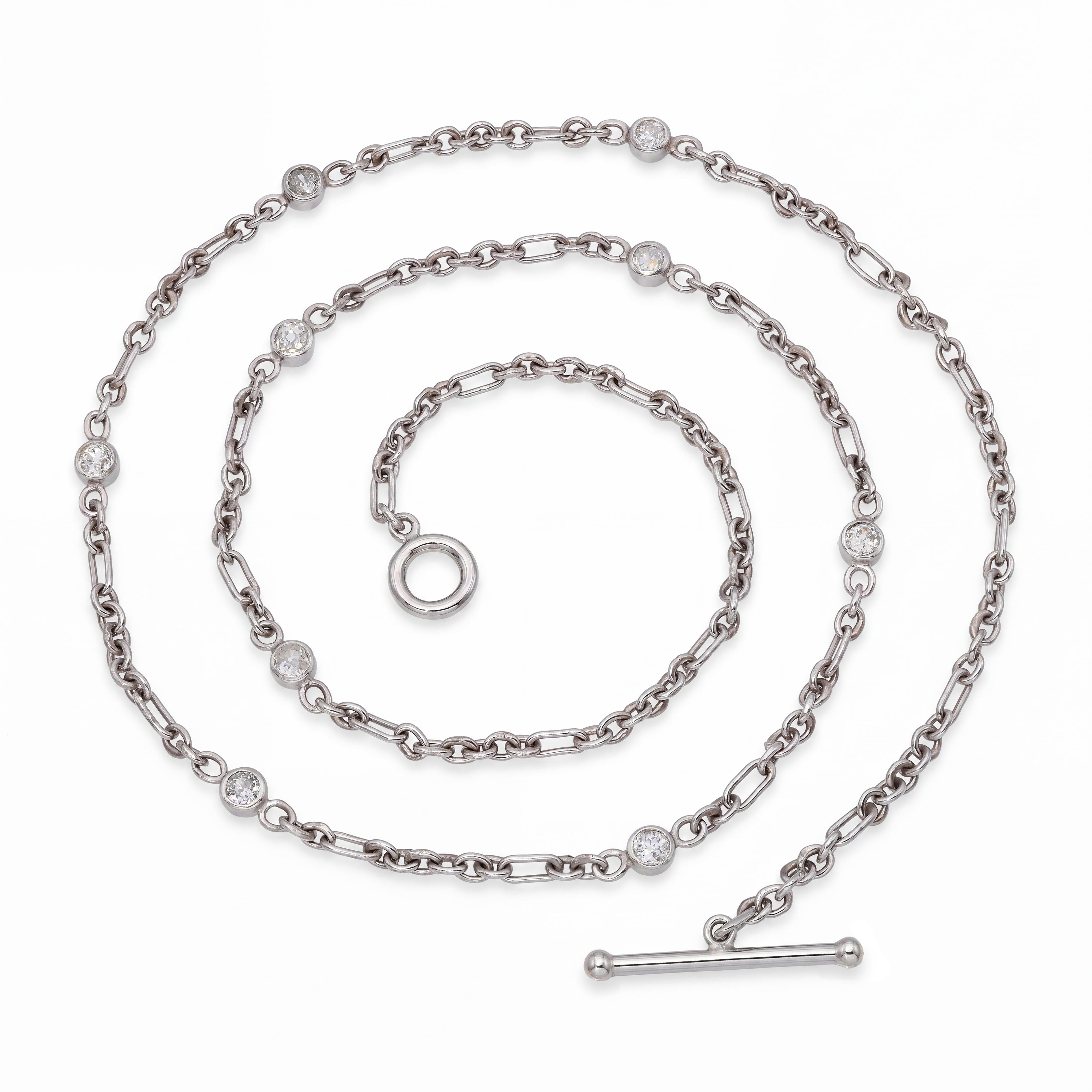 Antique Platinum 1.11ctw Old Mine Cut Diamond By The Yard Chain Necklace
