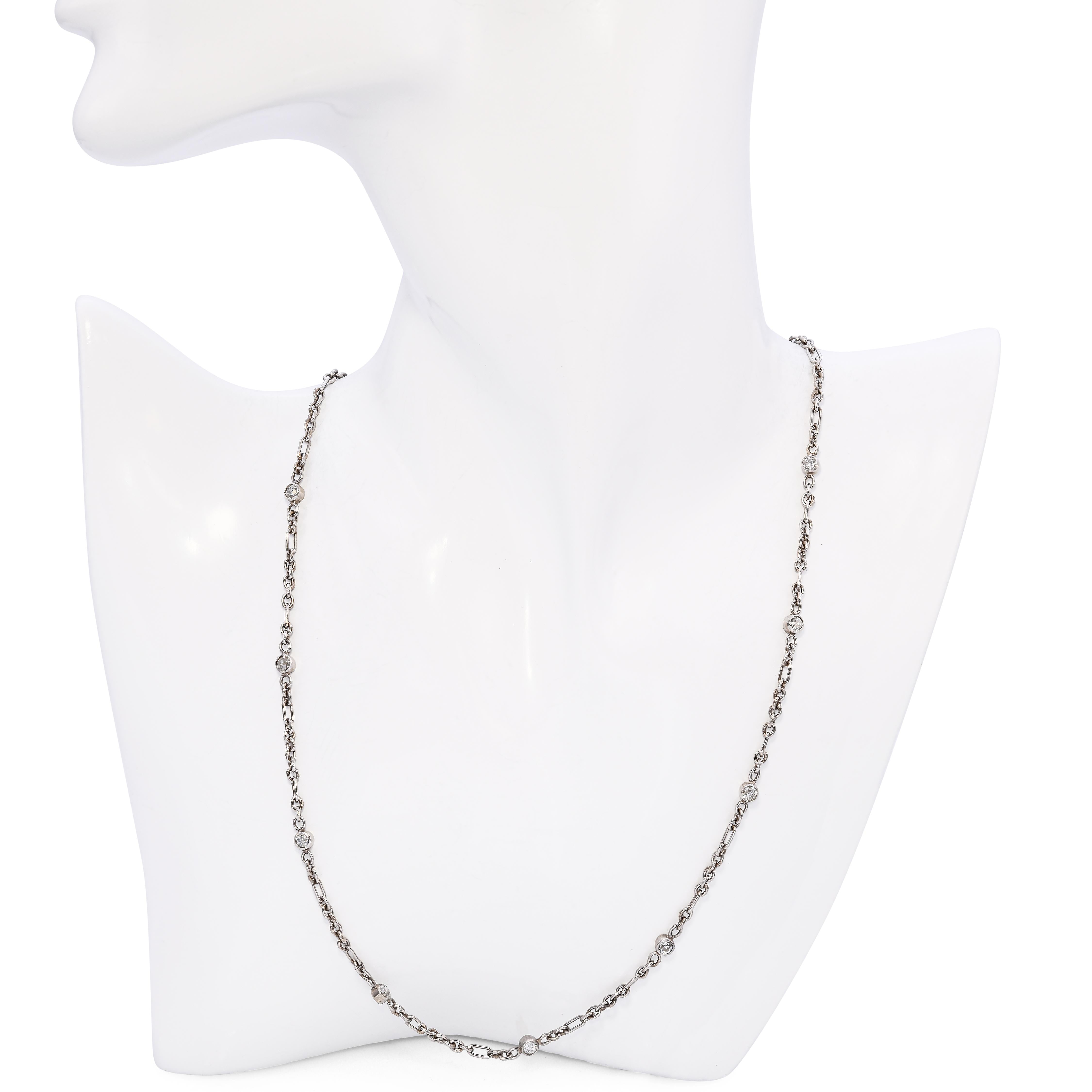 Antique Platinum 1.11ctw Old Mine Cut Diamond By The Yard Chain Necklace