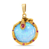 Antique 14k Yellow Gold 7.35ct Opal and Ruby Coiled Snake Pendant