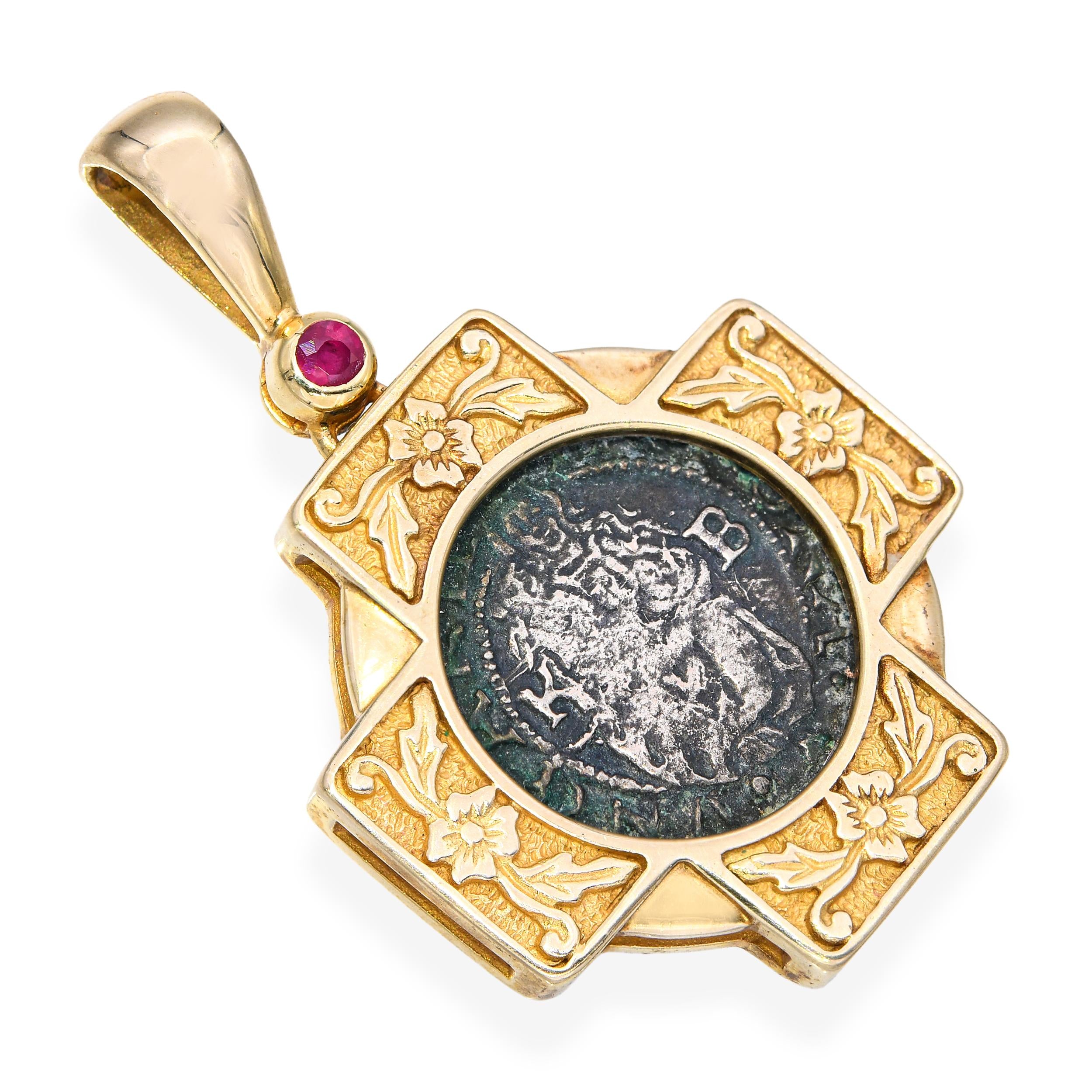 Vintage 14k Yellow Gold Ancient Coin and Ruby Pendant