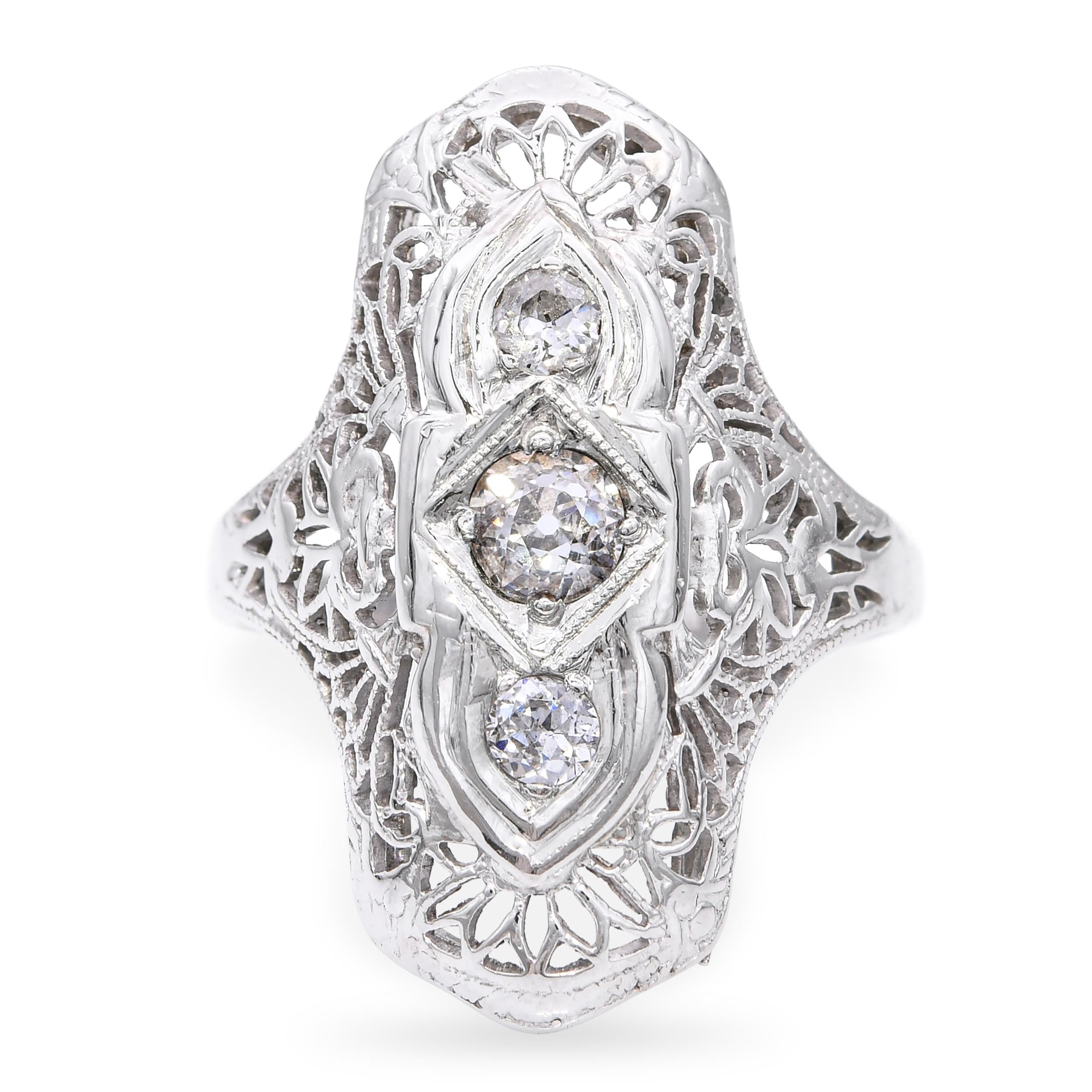Art Deco White Gold .41ctw Old European Cut Diamond Shield Ring