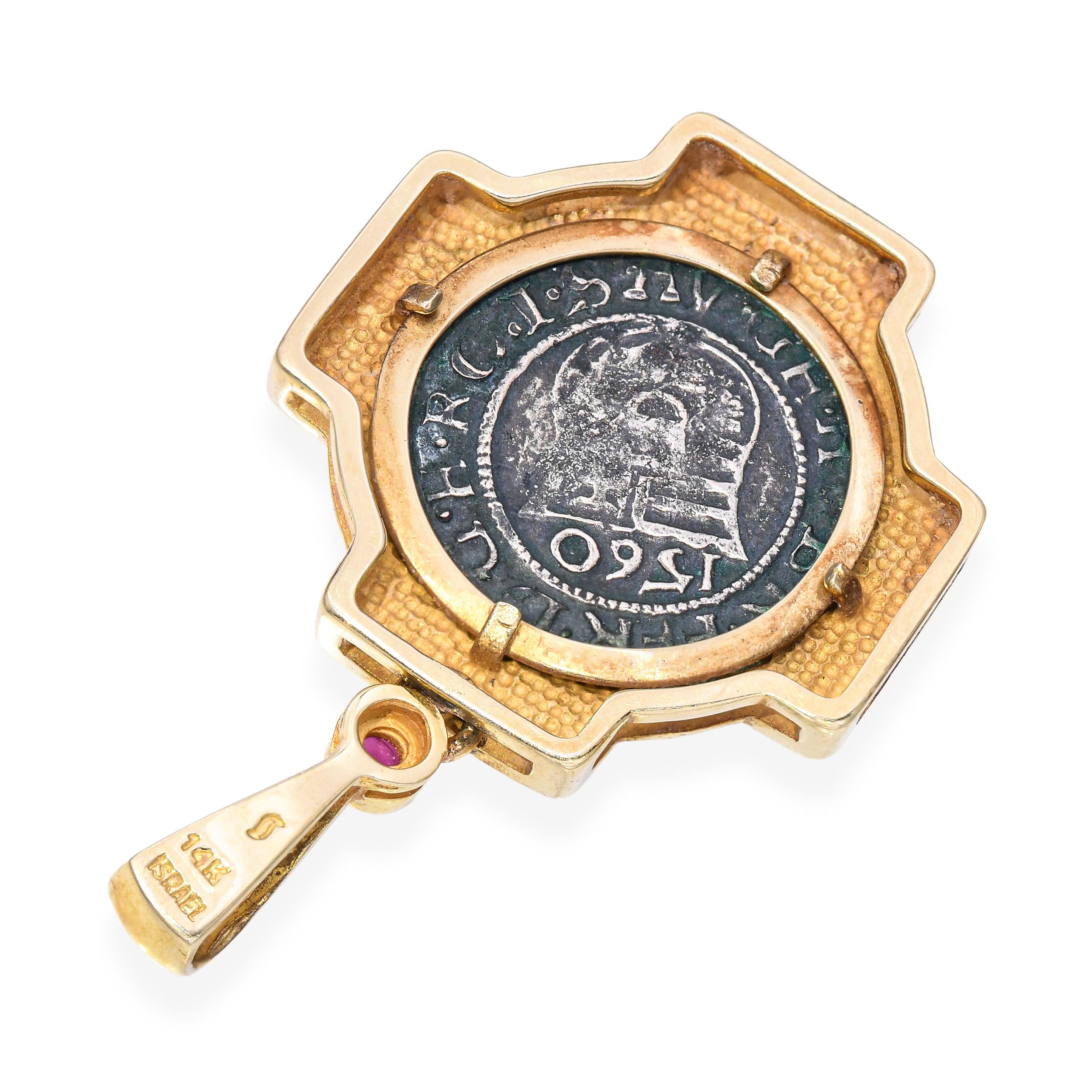 Vintage 14k Yellow Gold Ancient Coin and Ruby Pendant