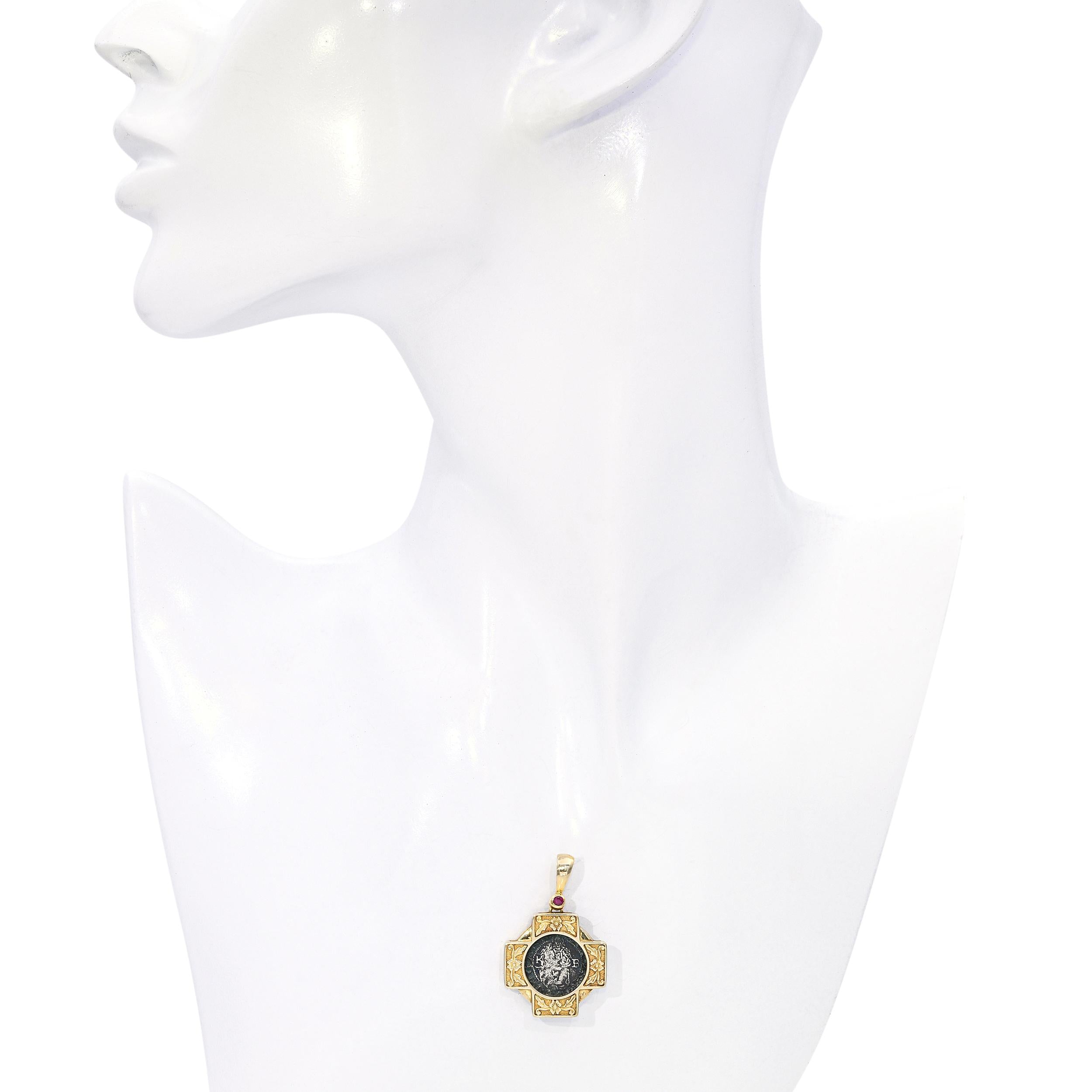 Vintage 14k Yellow Gold Ancient Coin and Ruby Pendant