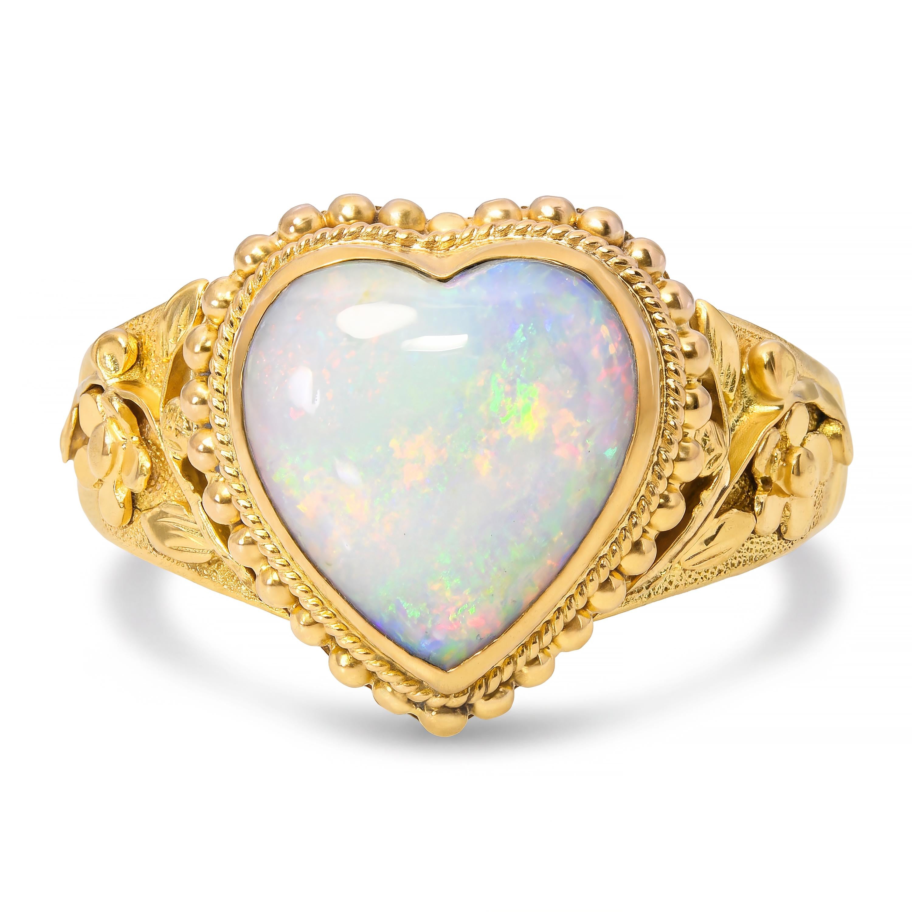 Vintage 24k Yellow Gold Australian Opal Heart Ring