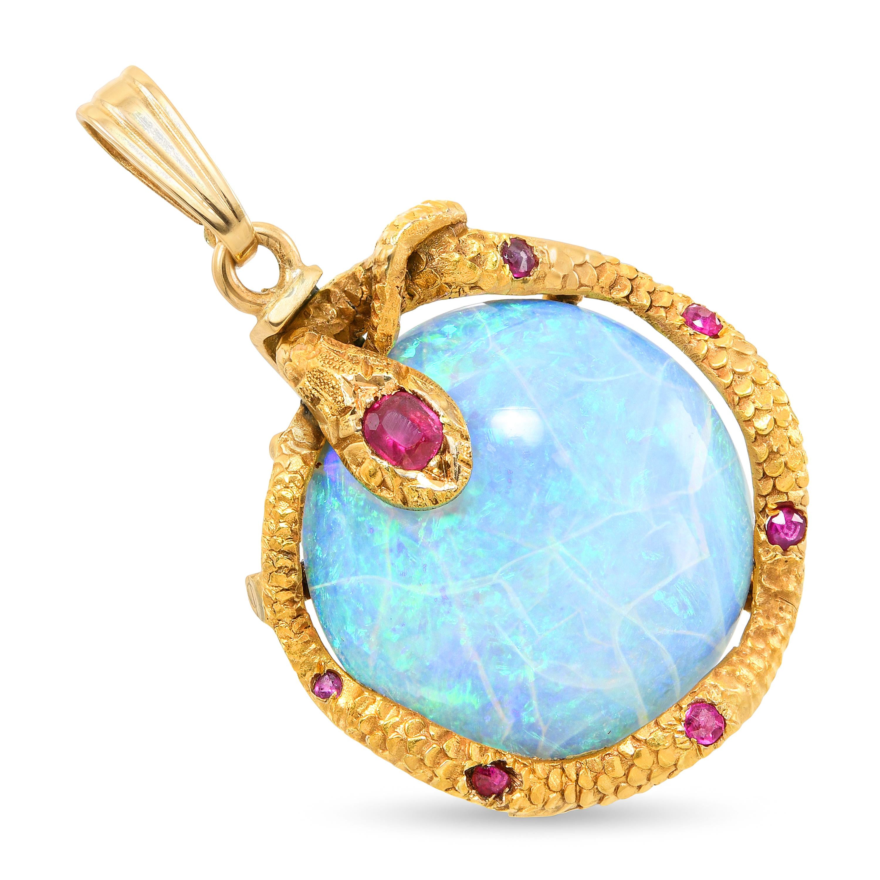 Antique 14k Yellow Gold 7.35ct Opal and Ruby Coiled Snake Pendant