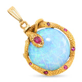 Antique 14k Yellow Gold 7.35ct Opal and Ruby Coiled Snake Pendant