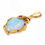 Antique 14k Yellow Gold 7.35ct Opal and Ruby Coiled Snake Pendant