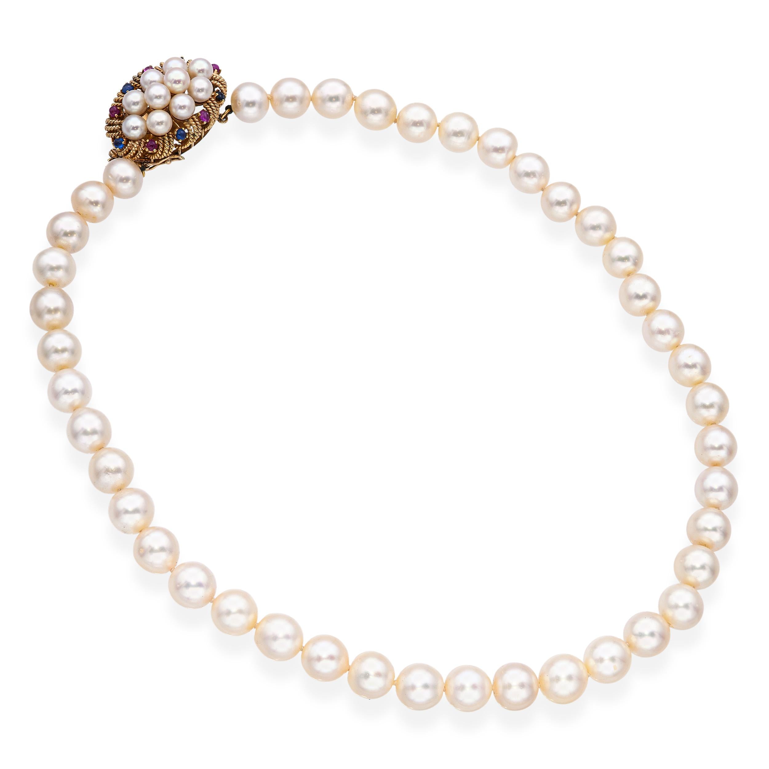 Vintage 14k Yellow Gold Ruby and Sapphire Cabochon Clasp Pearl Strand Necklace