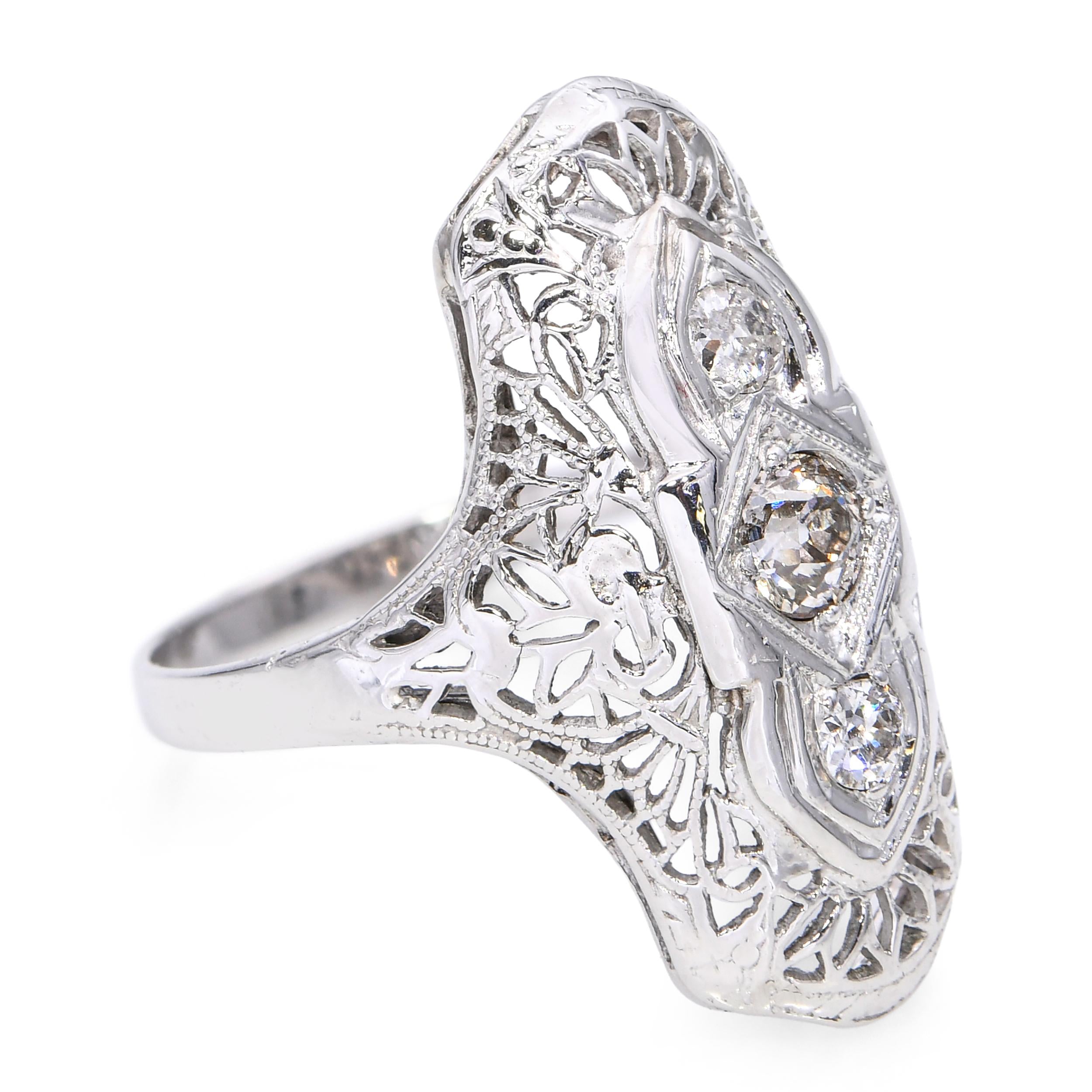 Art Deco White Gold .41ctw Old European Cut Diamond Shield Ring
