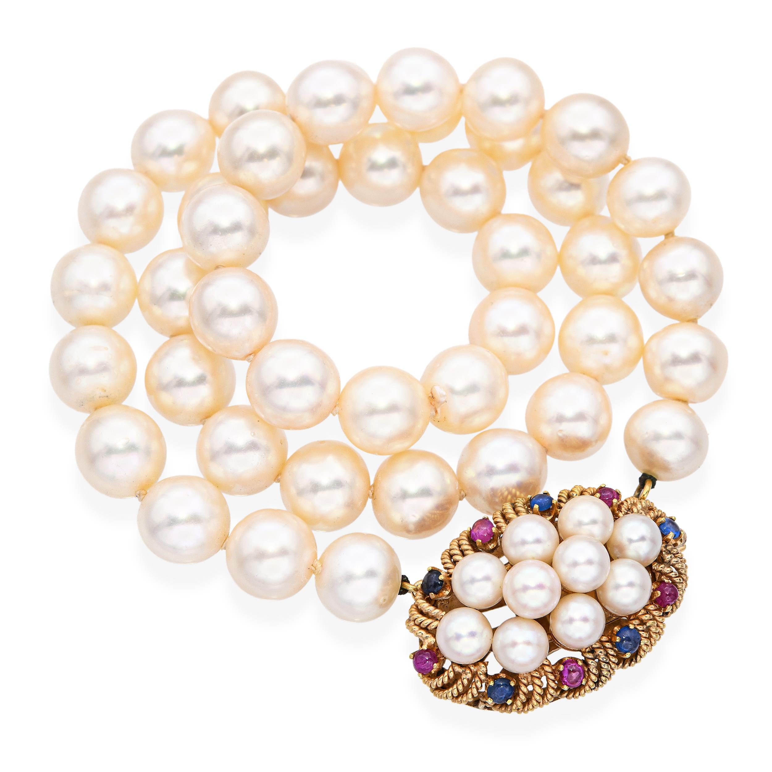 Vintage 14k Yellow Gold Ruby and Sapphire Cabochon Clasp Pearl Strand Necklace