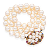 Vintage 14k Yellow Gold Ruby and Sapphire Cabochon Clasp Pearl Strand Necklace