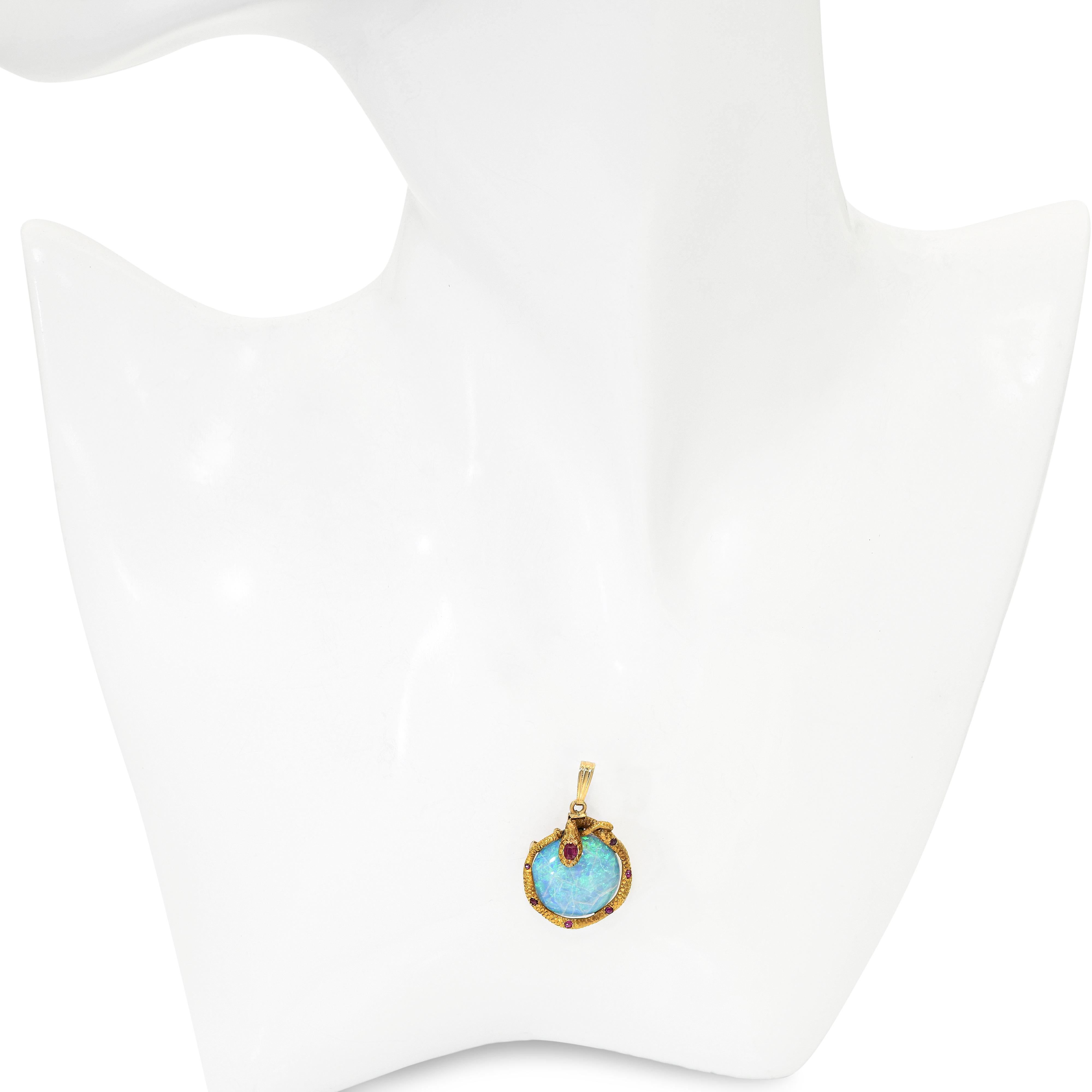 Antique 14k Yellow Gold 7.35ct Opal and Ruby Coiled Snake Pendant
