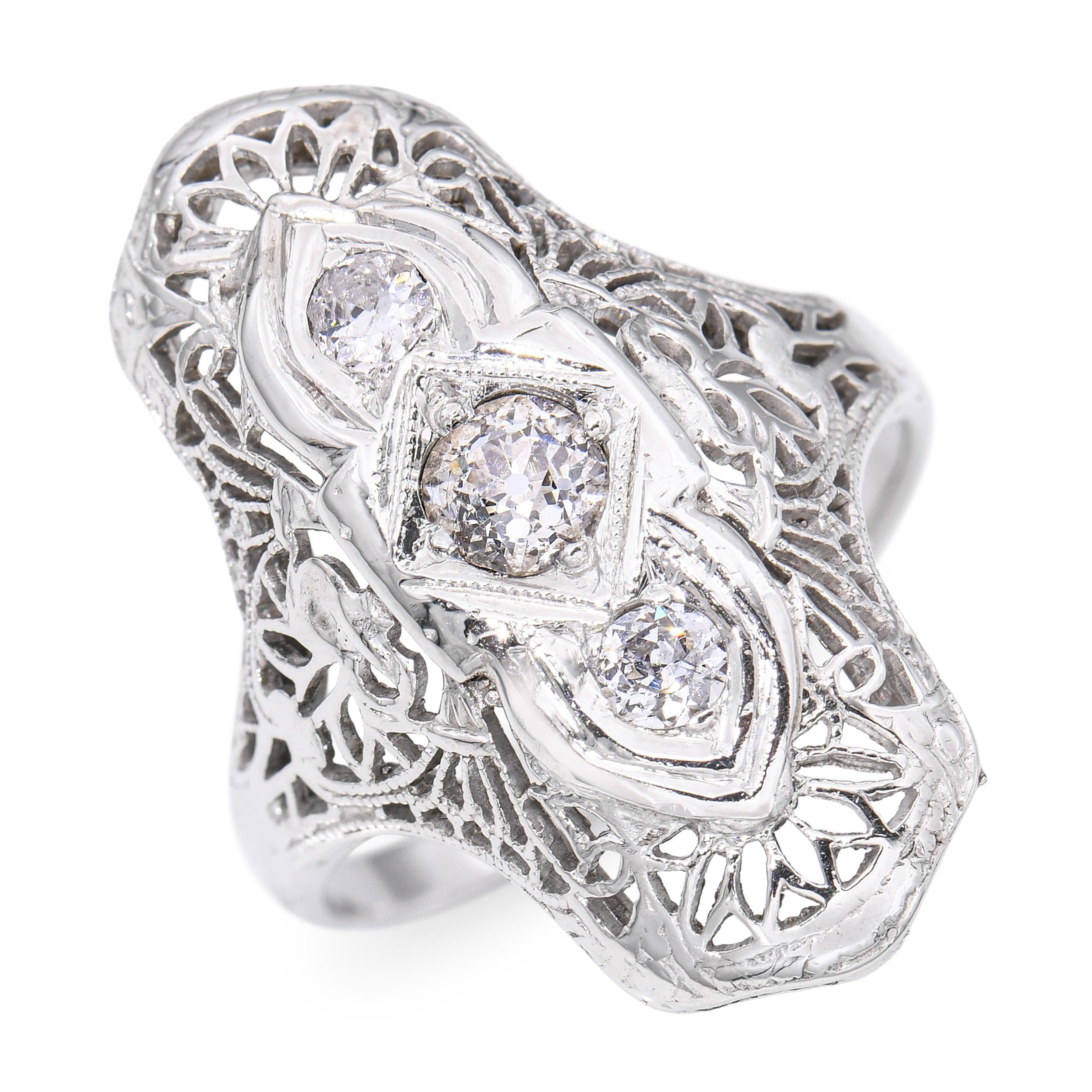 Art Deco White Gold .41ctw Old European Cut Diamond Shield Ring