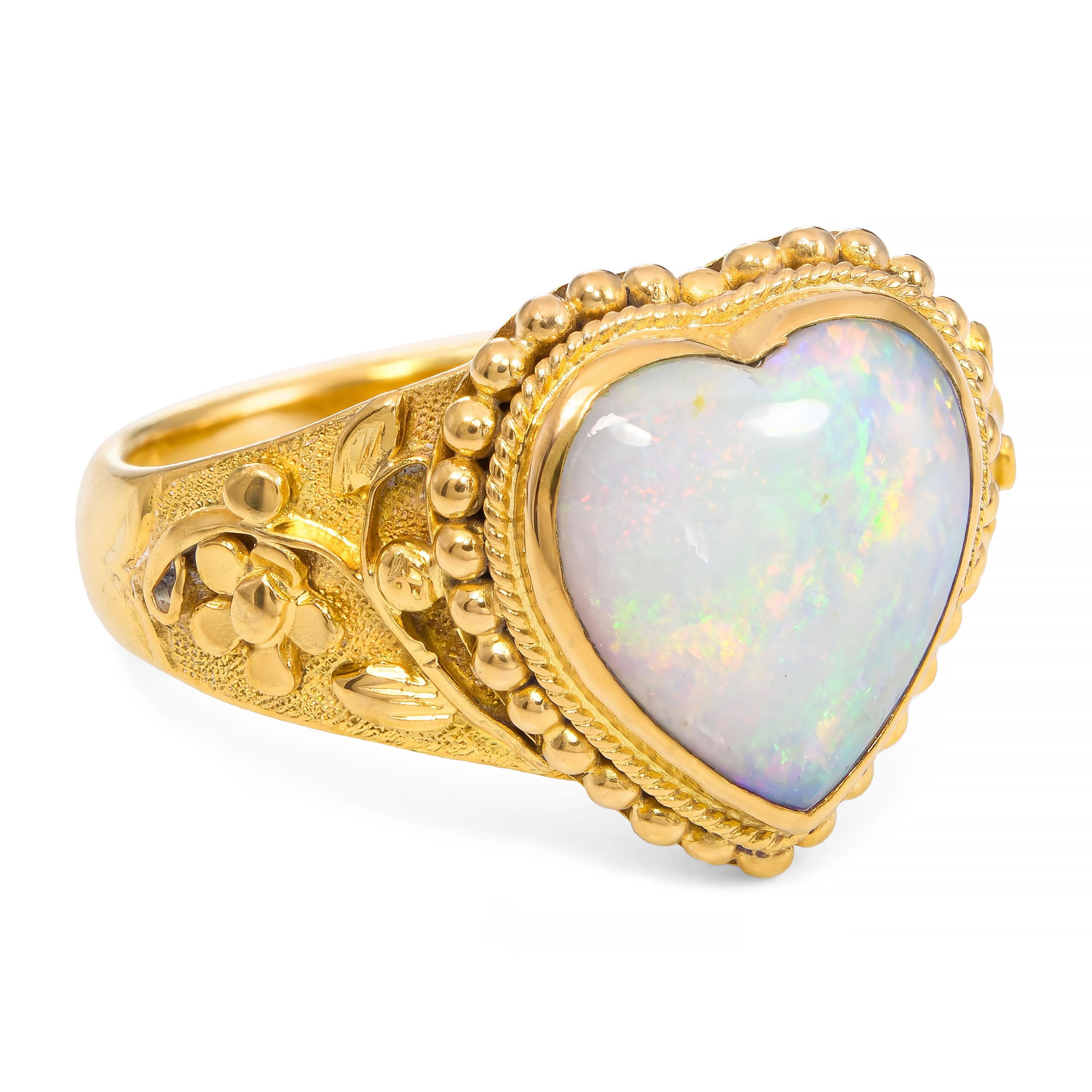 Vintage 24k Yellow Gold Australian Opal Heart Ring