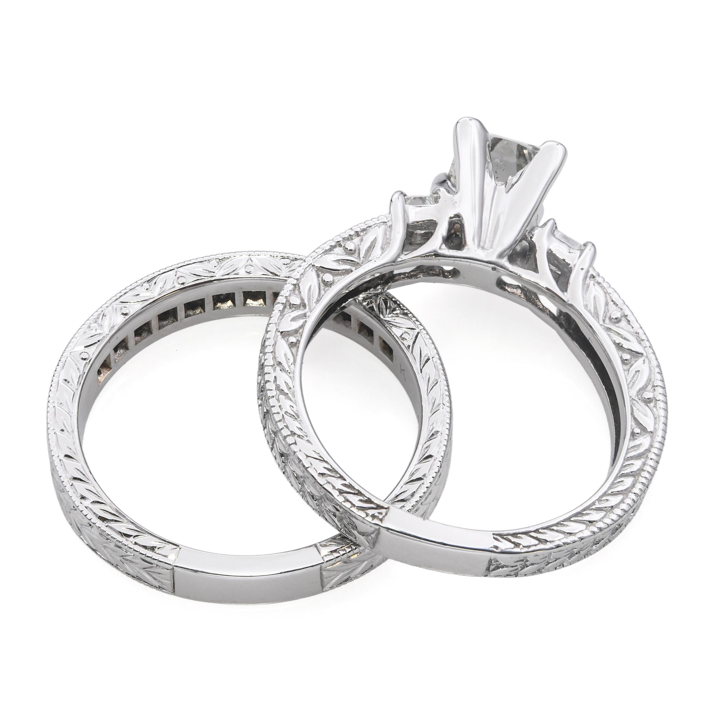 Vintage 14k White Gold 1.50tcw H Vs Diamond Engraved Engagement Ring & Band Set