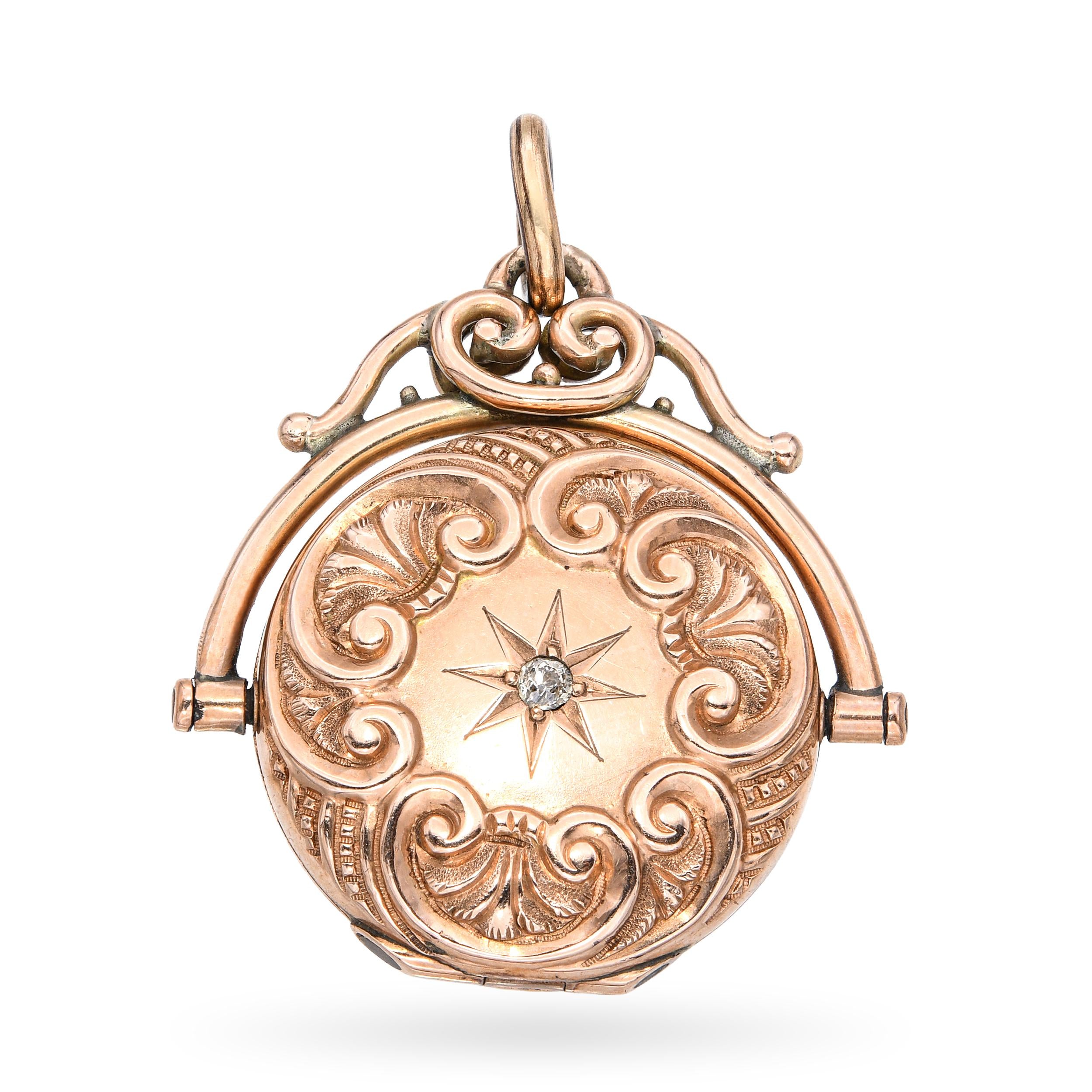 Antique 10k Rose Gold Diamond Locket Engraved Pendant